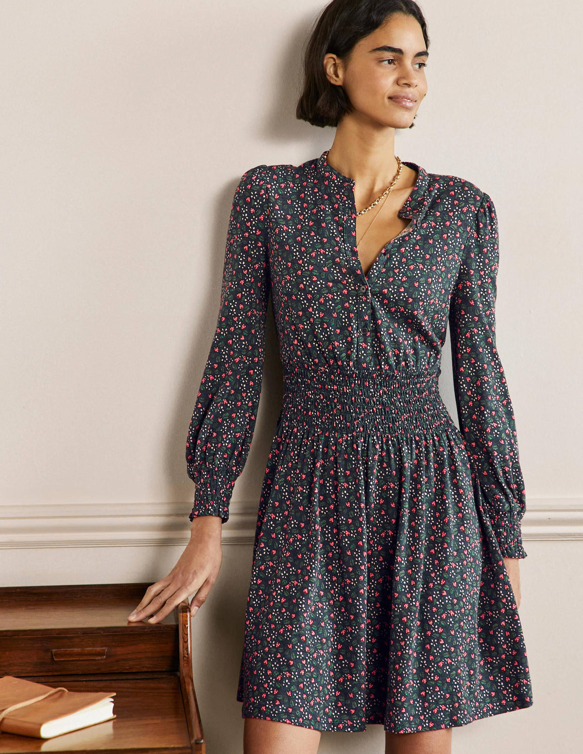 Smocked Jersey Shirt Dress-French Navy, Flora Berry - Image 1