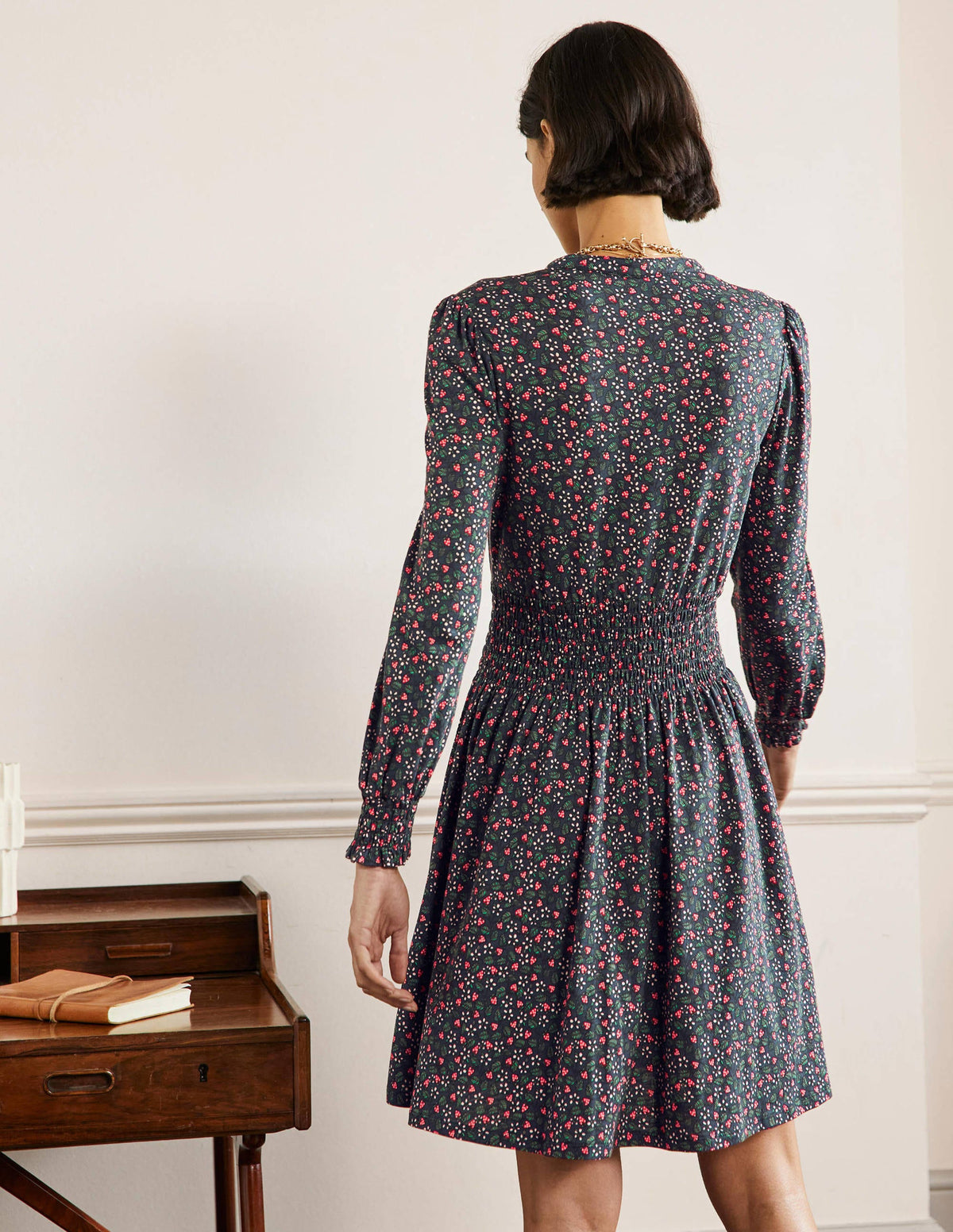Smocked Jersey Shirt Dress-French Navy, Flora Berry - Image 3