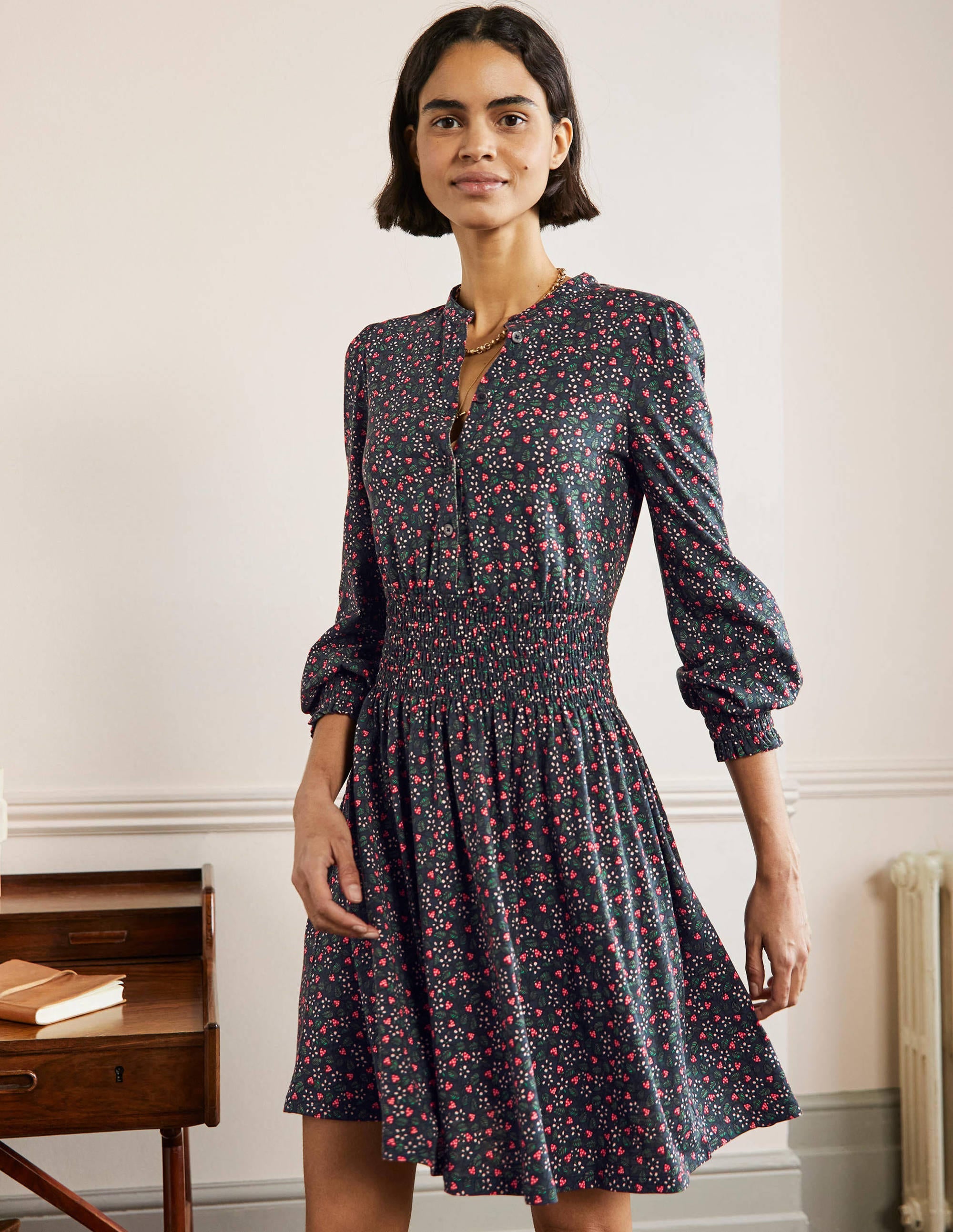 Smocked Jersey Shirt Dress-French Navy, Flora Berry - Image 4