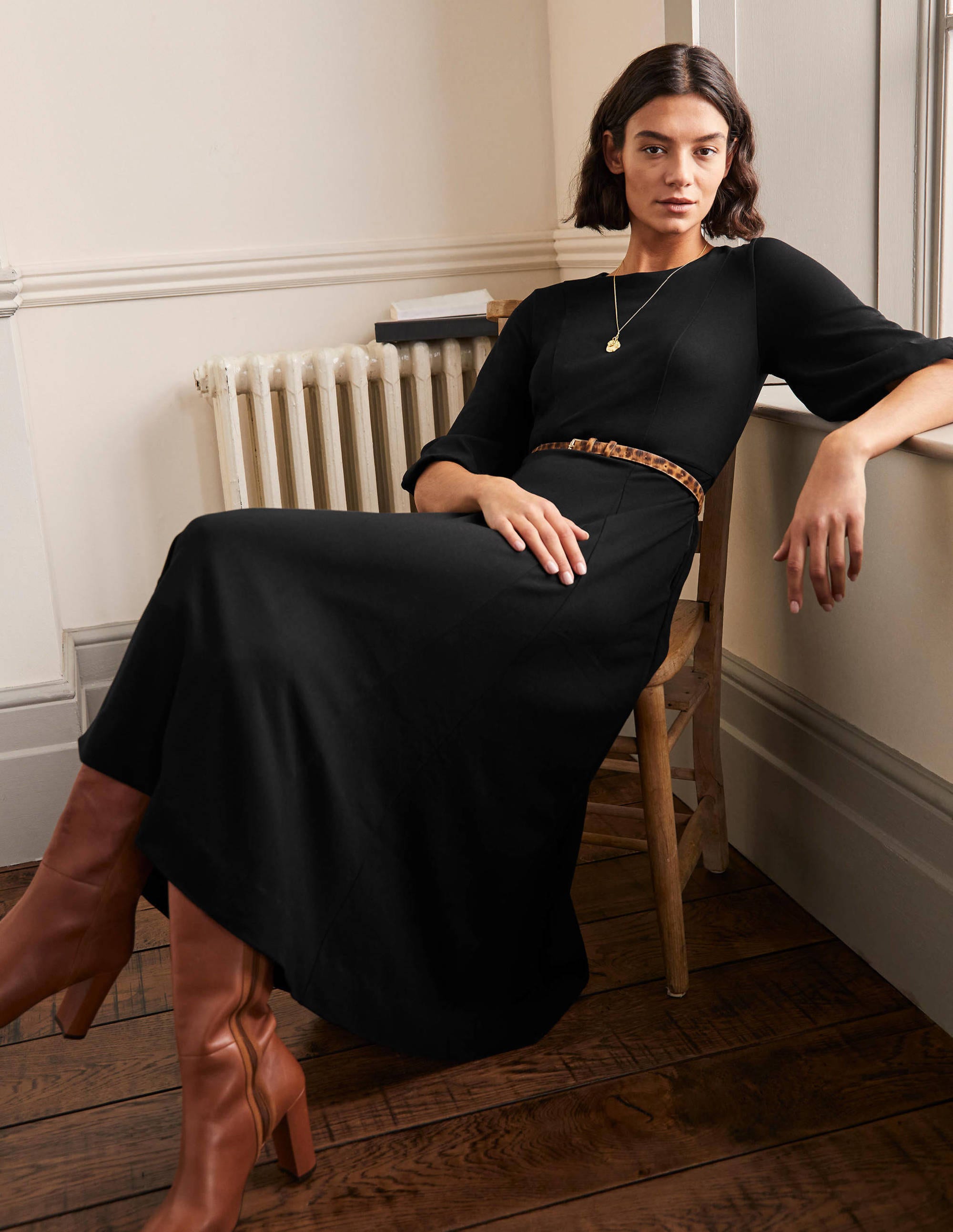 Full Skirt Jersey Midi Dress-Black - Image 1