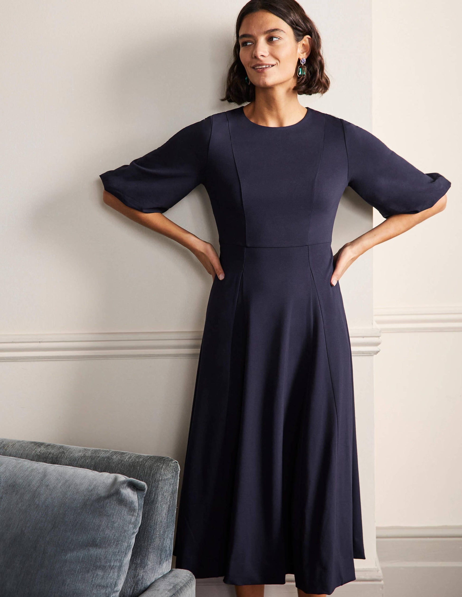 Full Skirt Jersey Midi Dress-Navy-1