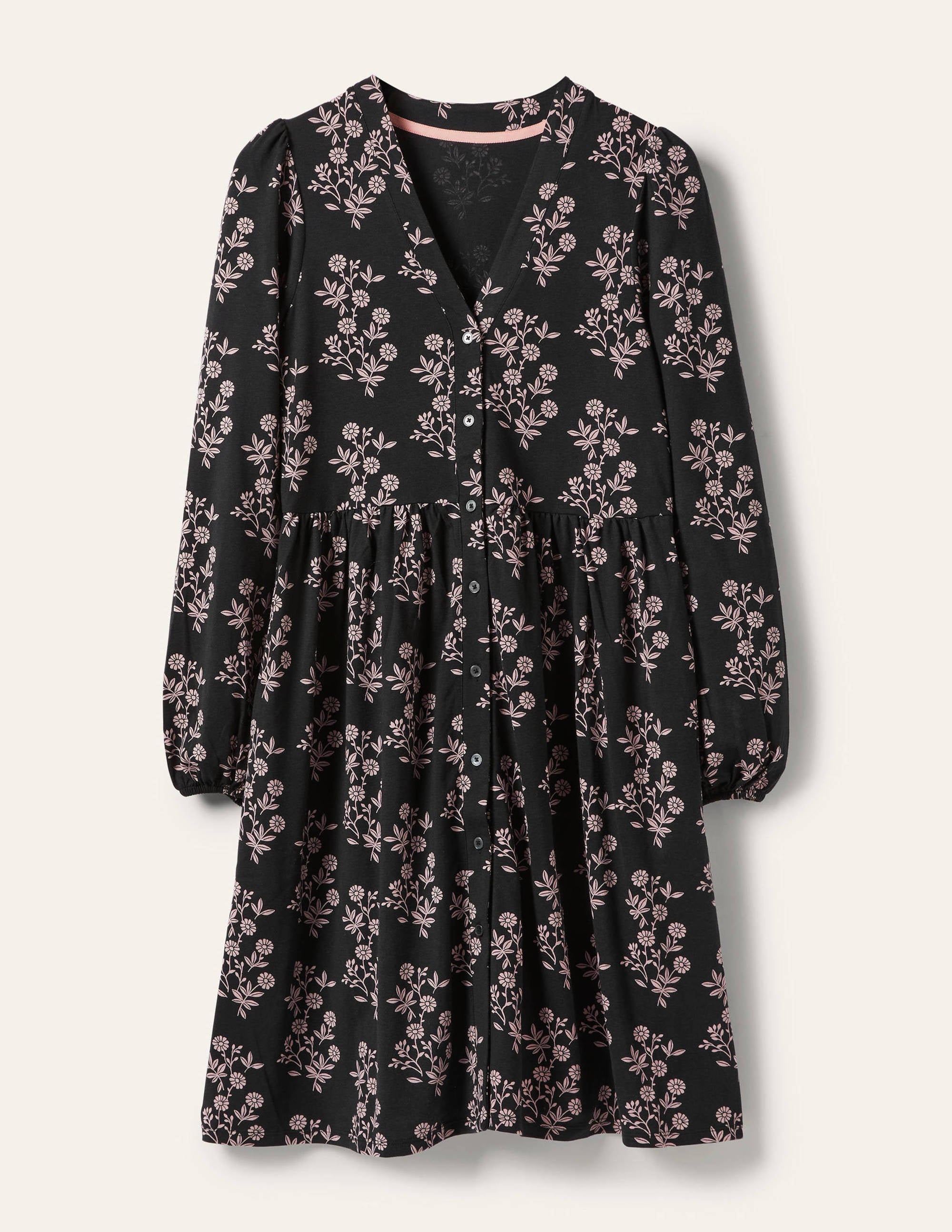 Button Through Jersey Dress-Black, Leafy Cluster - Image 6