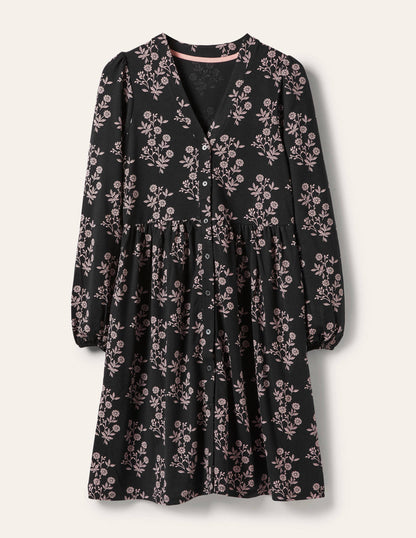 Button Through Jersey Dress-Black, Leafy Cluster-6