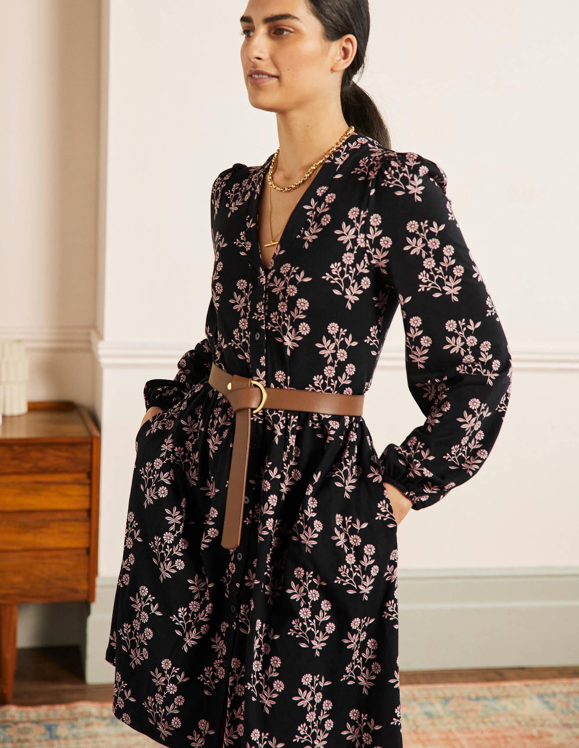 Button Through Jersey Dress-Black, Leafy Cluster - Image 1