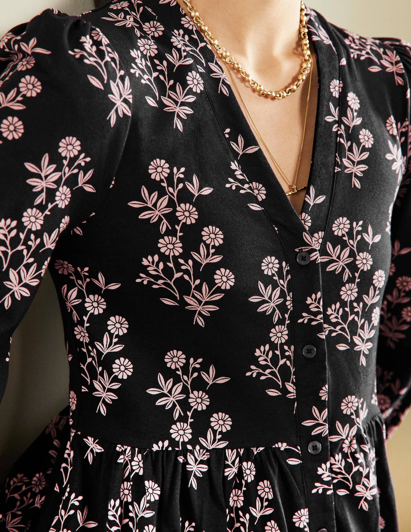 Button Through Jersey Dress-Black, Leafy Cluster