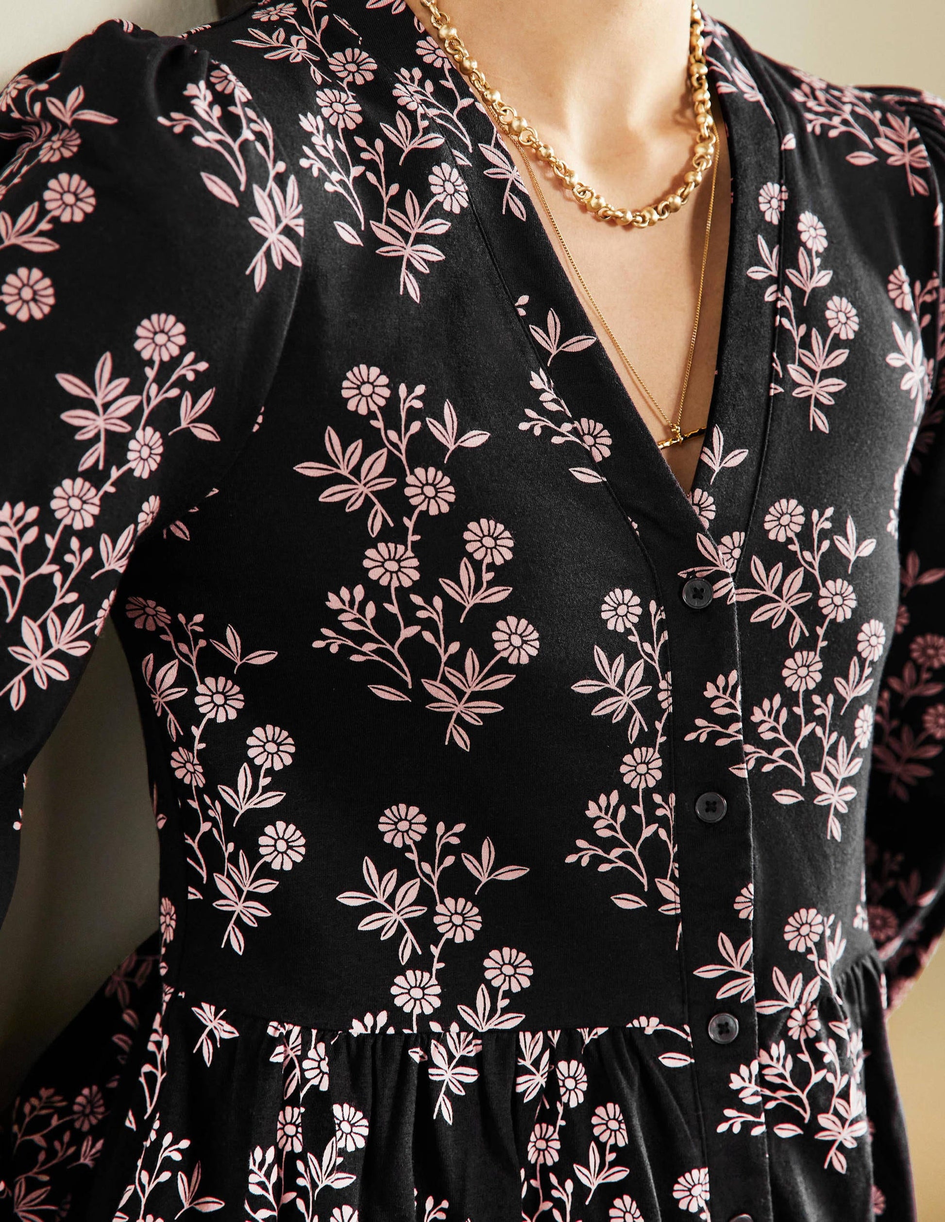 Button Through Jersey Dress-Black, Leafy Cluster-2