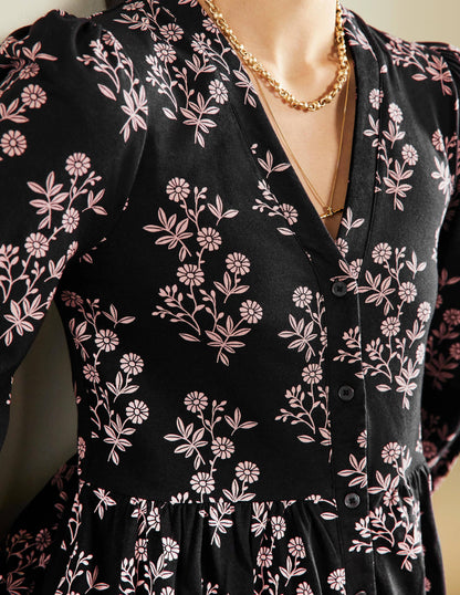 Button Through Jersey Dress-Black, Leafy Cluster-2