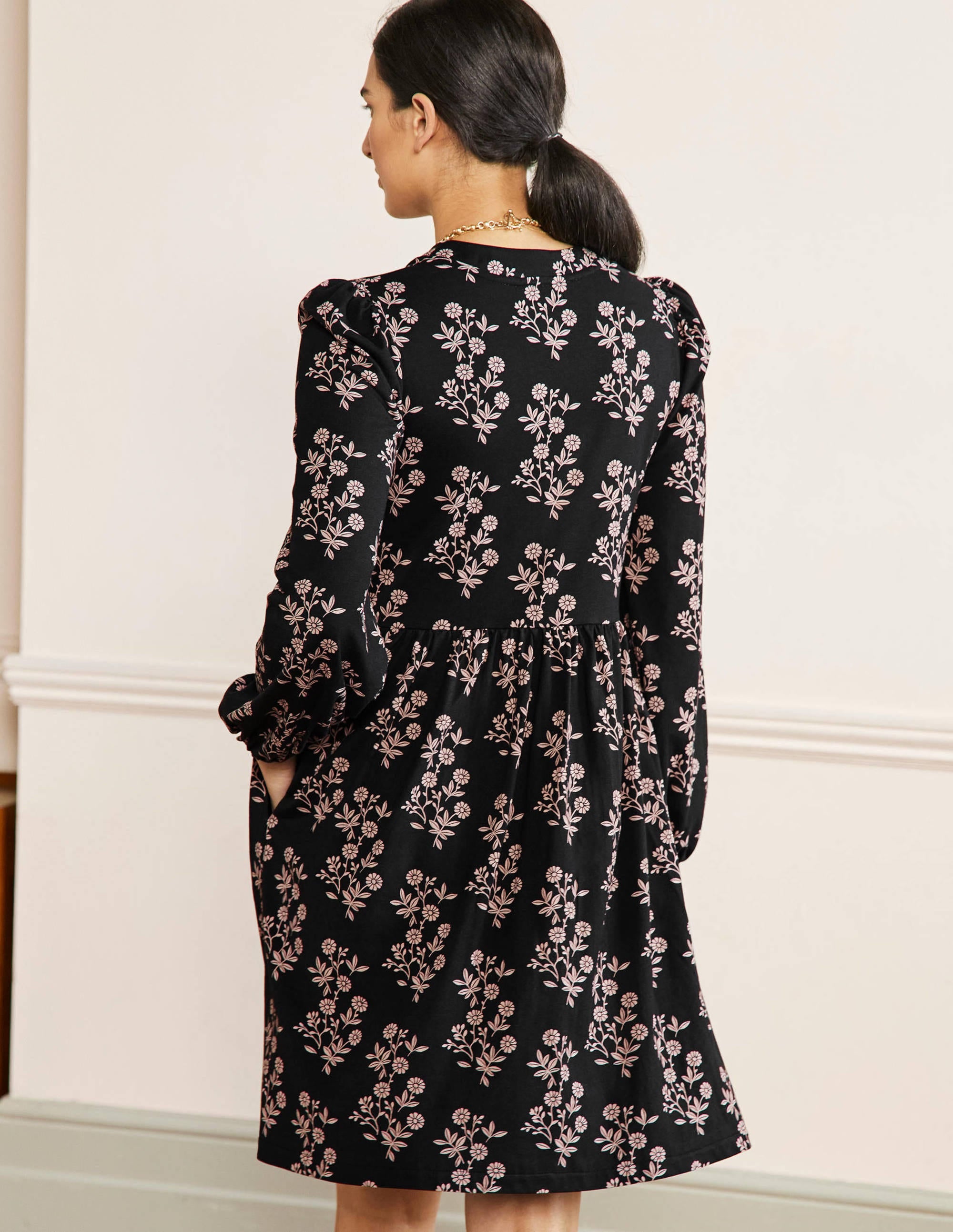 Button Through Jersey Dress-Black, Leafy Cluster - Image 3