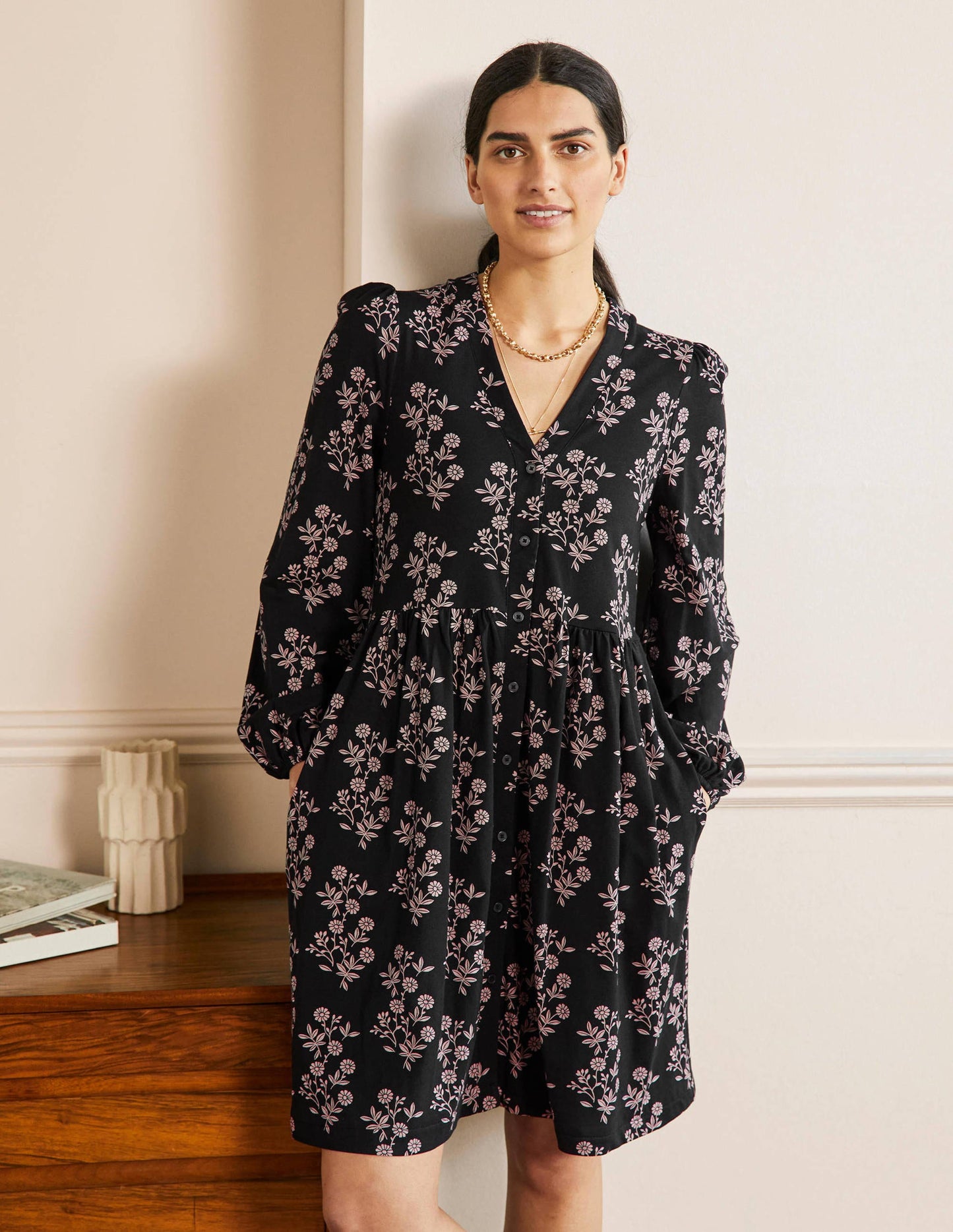 Button Through Jersey Dress-Black, Leafy Cluster