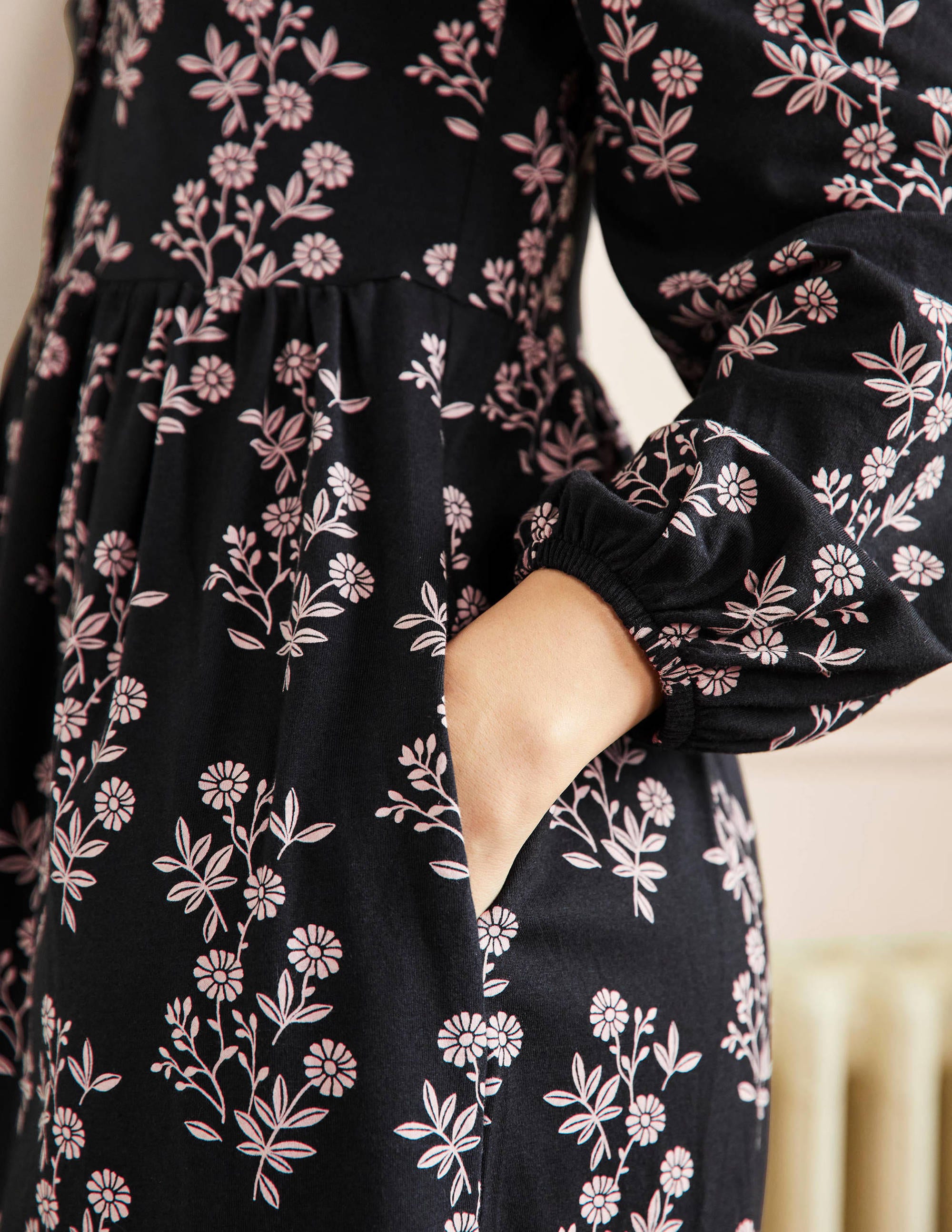 Button Through Jersey Dress-Black, Leafy Cluster - Image 5