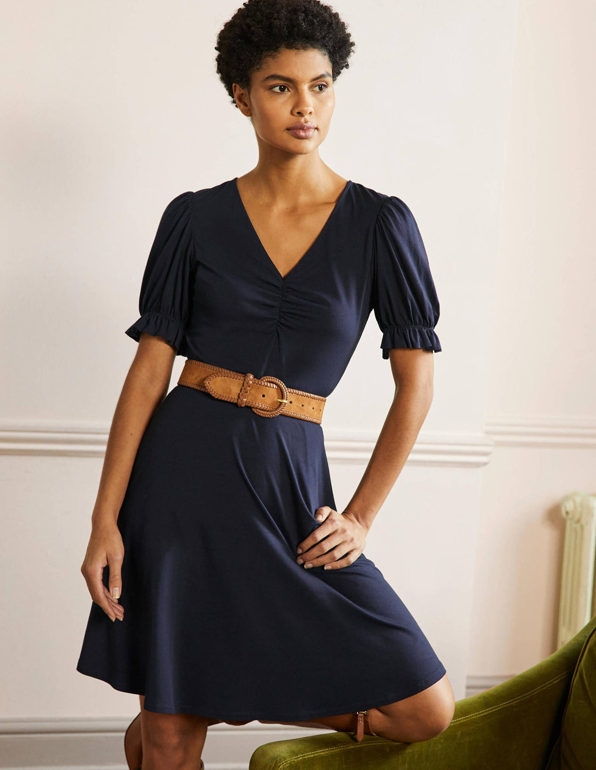 V-Neck Jersey Dress-Navy - Image 1