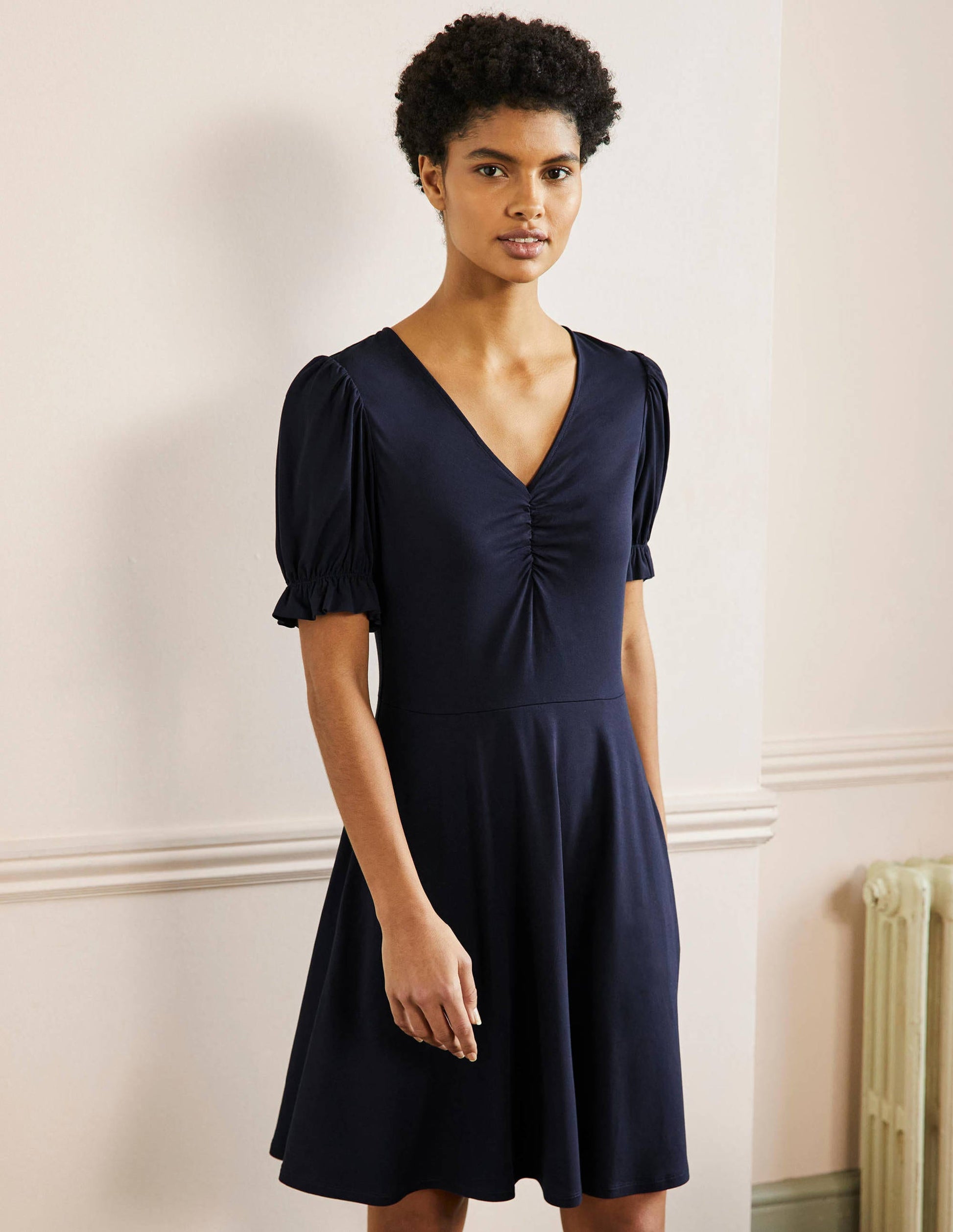 V-Neck Jersey Dress-Navy-4