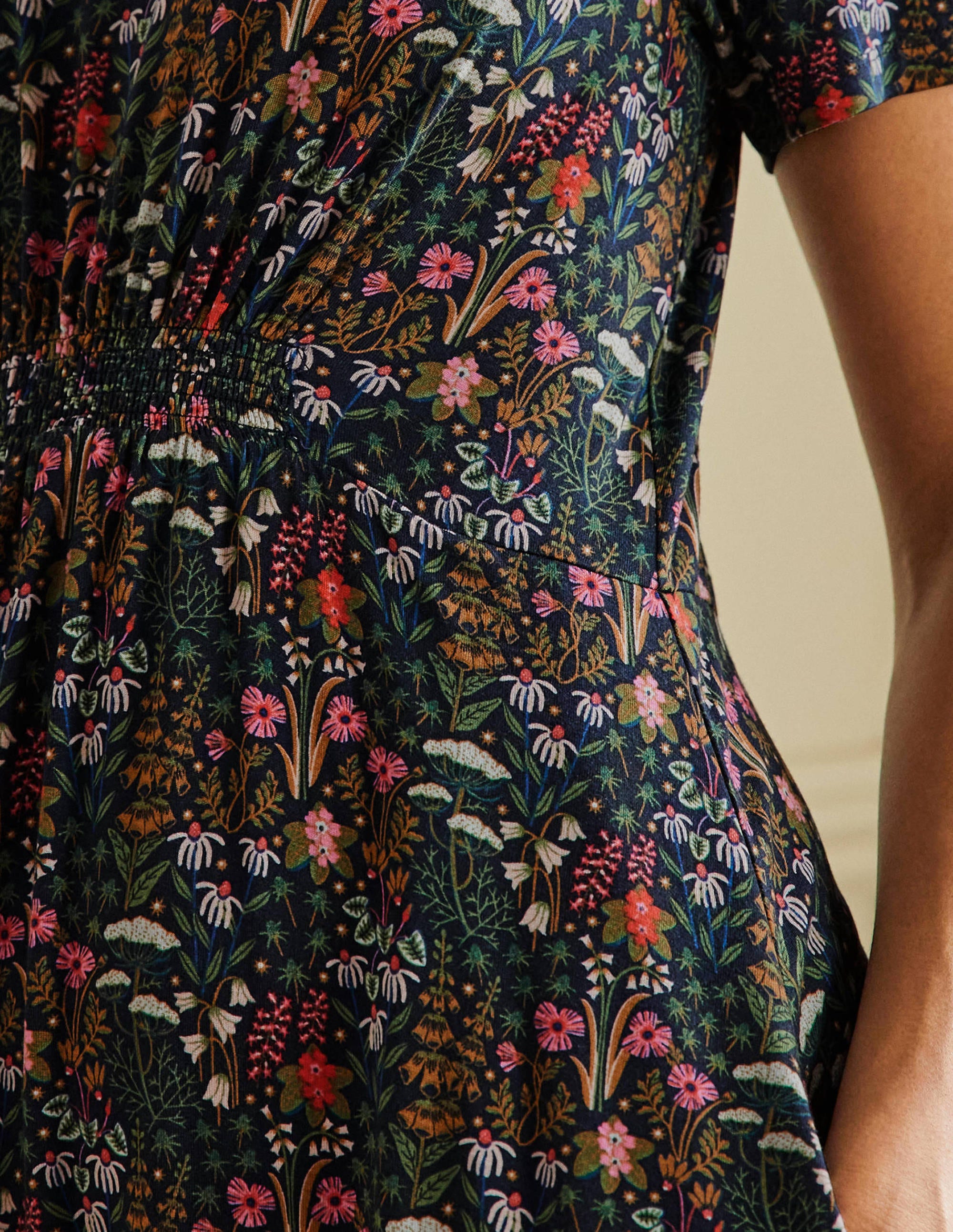 Crew Neck Jersey Dress-French Navy, Wildflower Bloom - Image 2