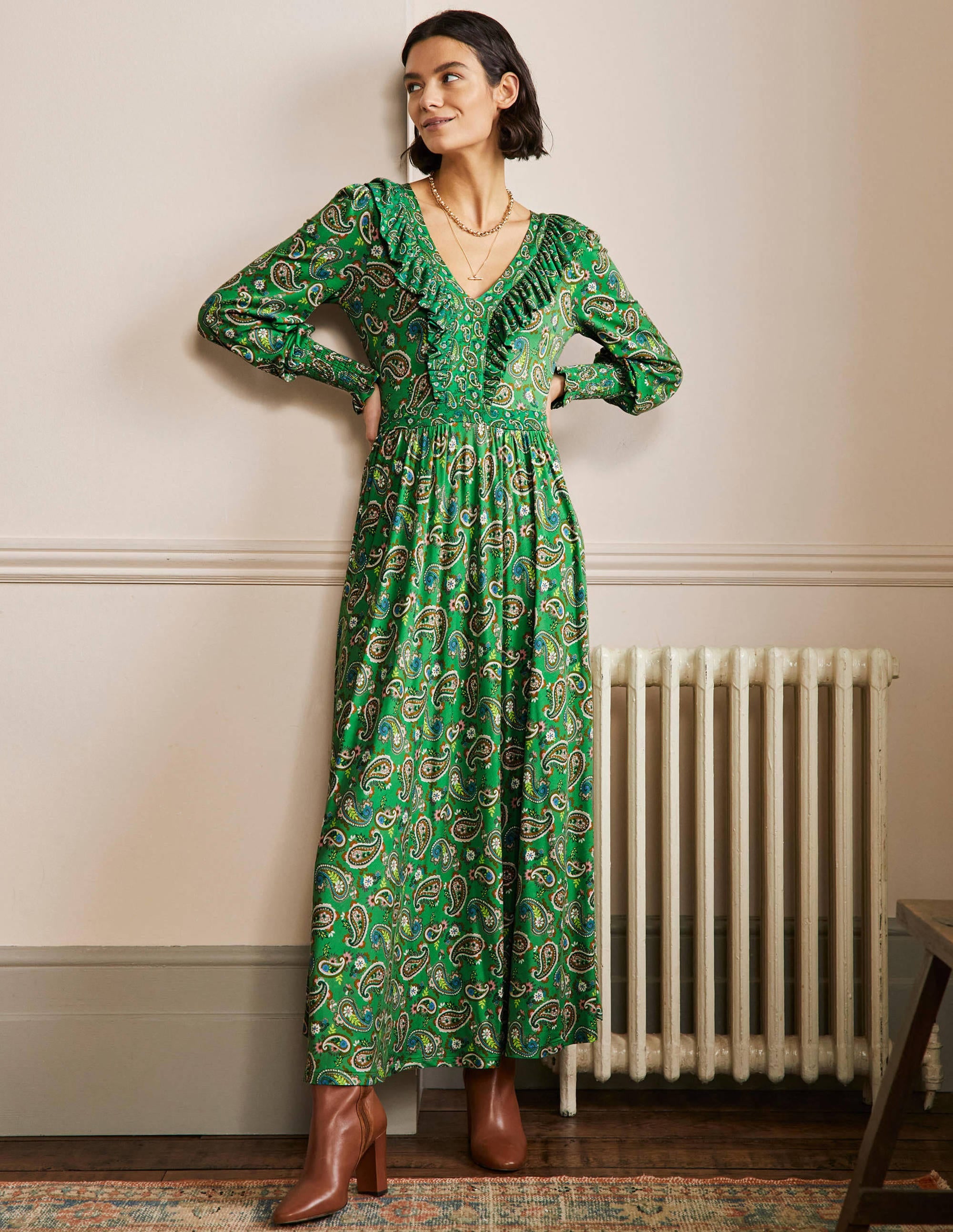 Ruffle Jersey Maxi Dress-Highland Green, Paisley Bloom - Image 1