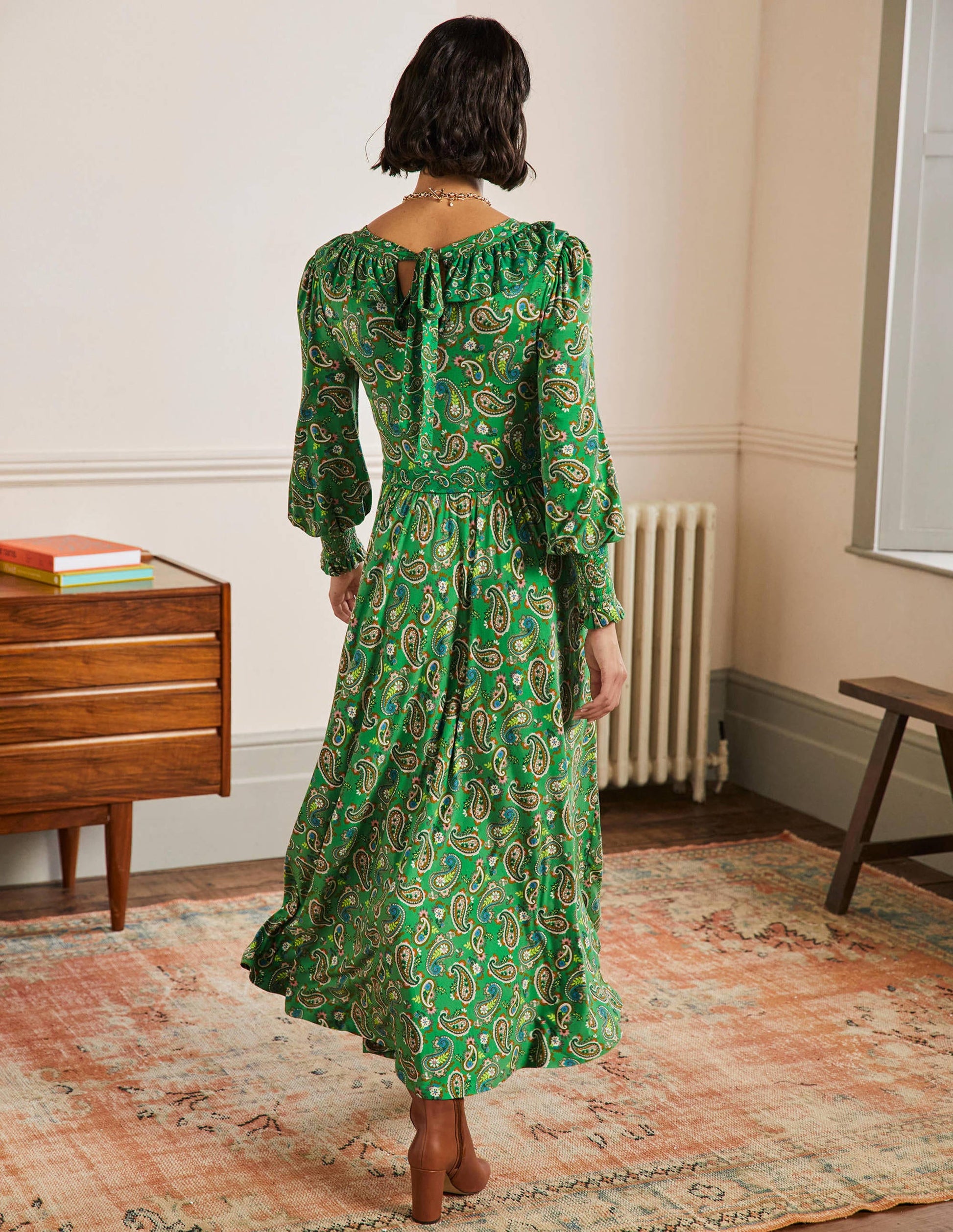 Ruffle Jersey Maxi Dress-Highland Green, Paisley Bloom-3