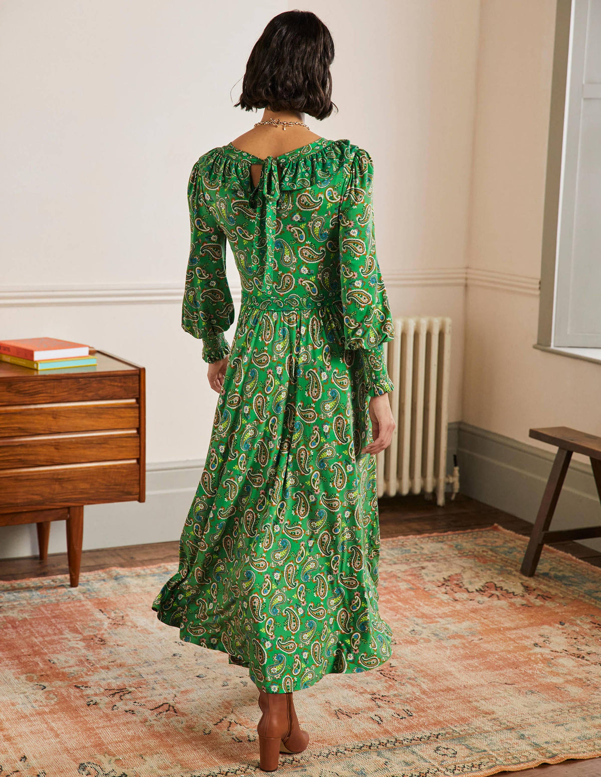Ruffle Jersey Maxi Dress-Highland Green, Paisley Bloom - Image 3