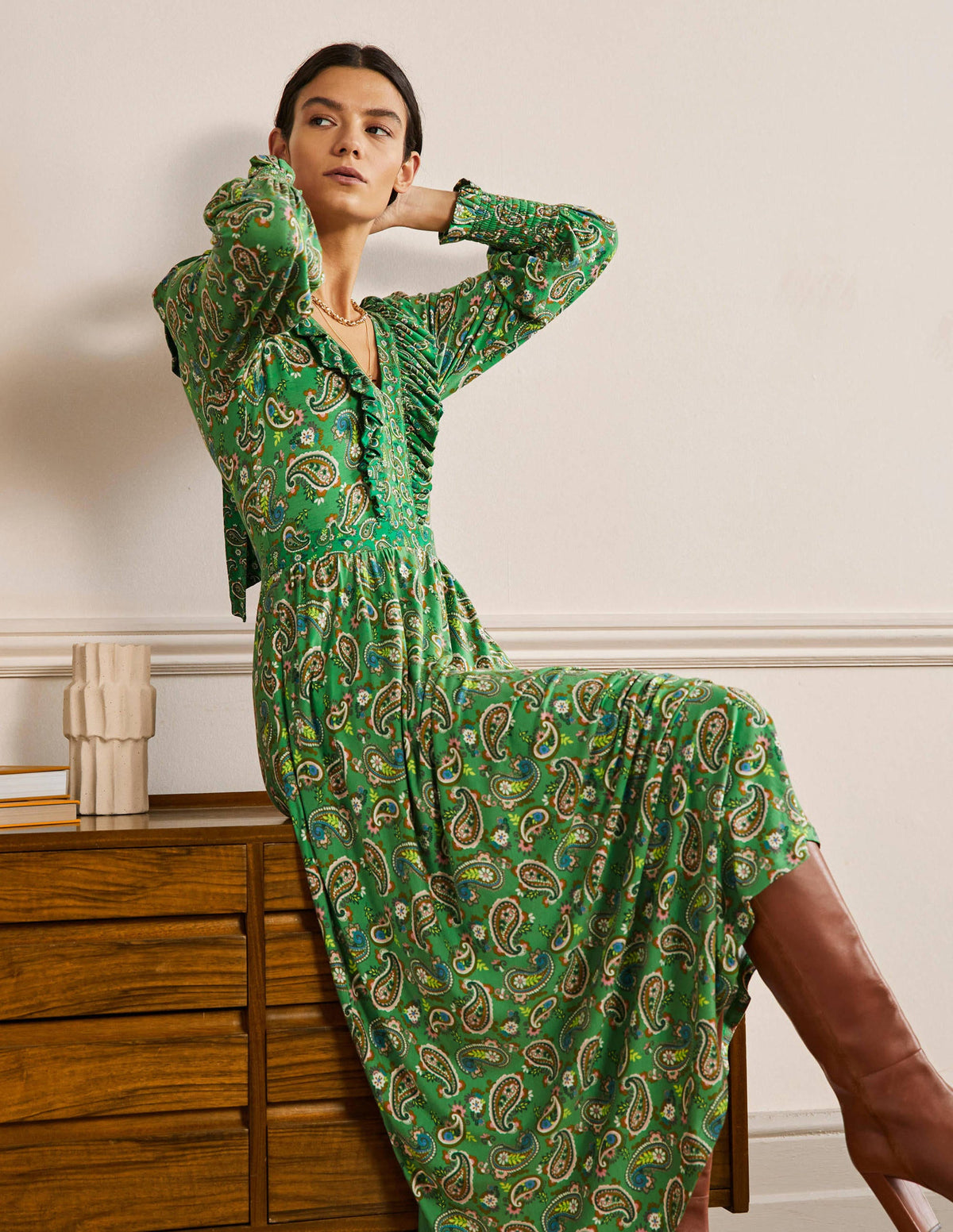 Ruffle Jersey Maxi Dress-Highland Green, Paisley Bloom-4