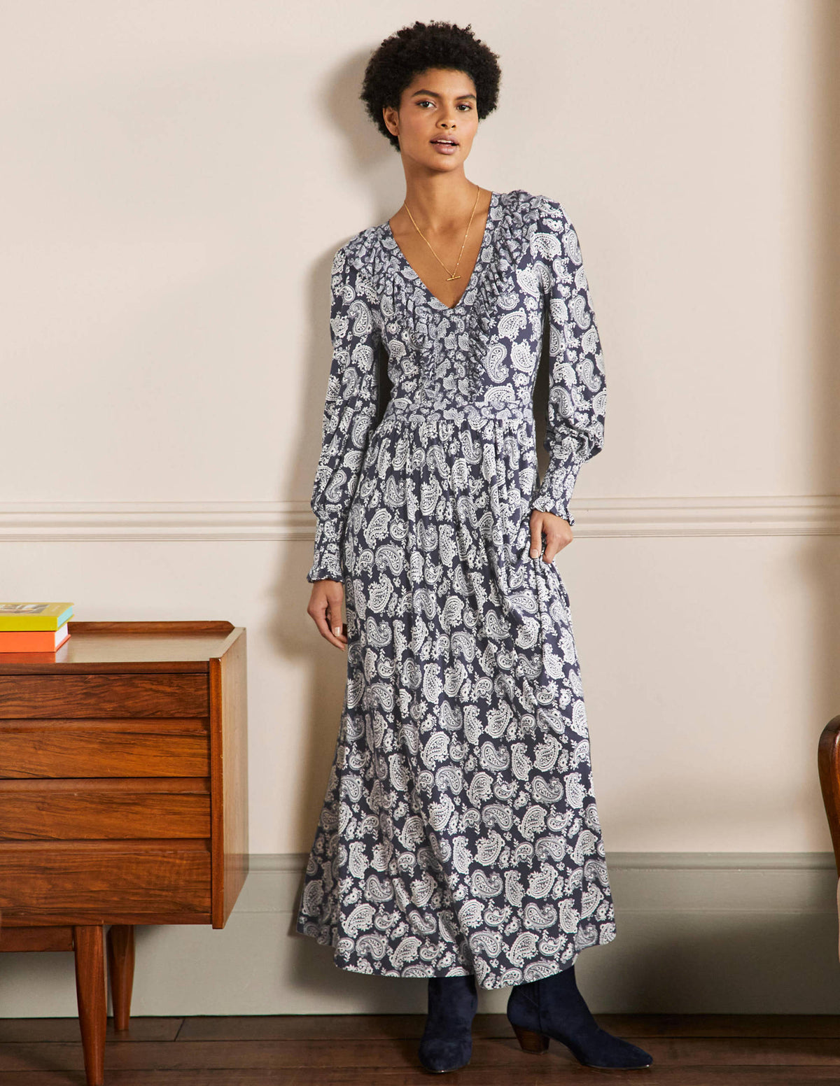 Ruffle Jersey Maxi Dress-French Navy, Paisley Bloom - Image 1