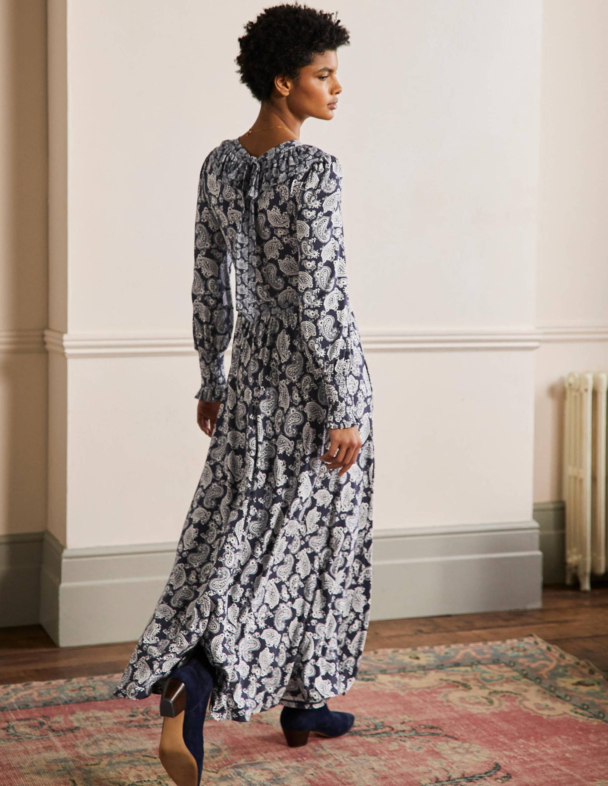 Ruffle Jersey Maxi Dress-French Navy, Paisley Bloom-3