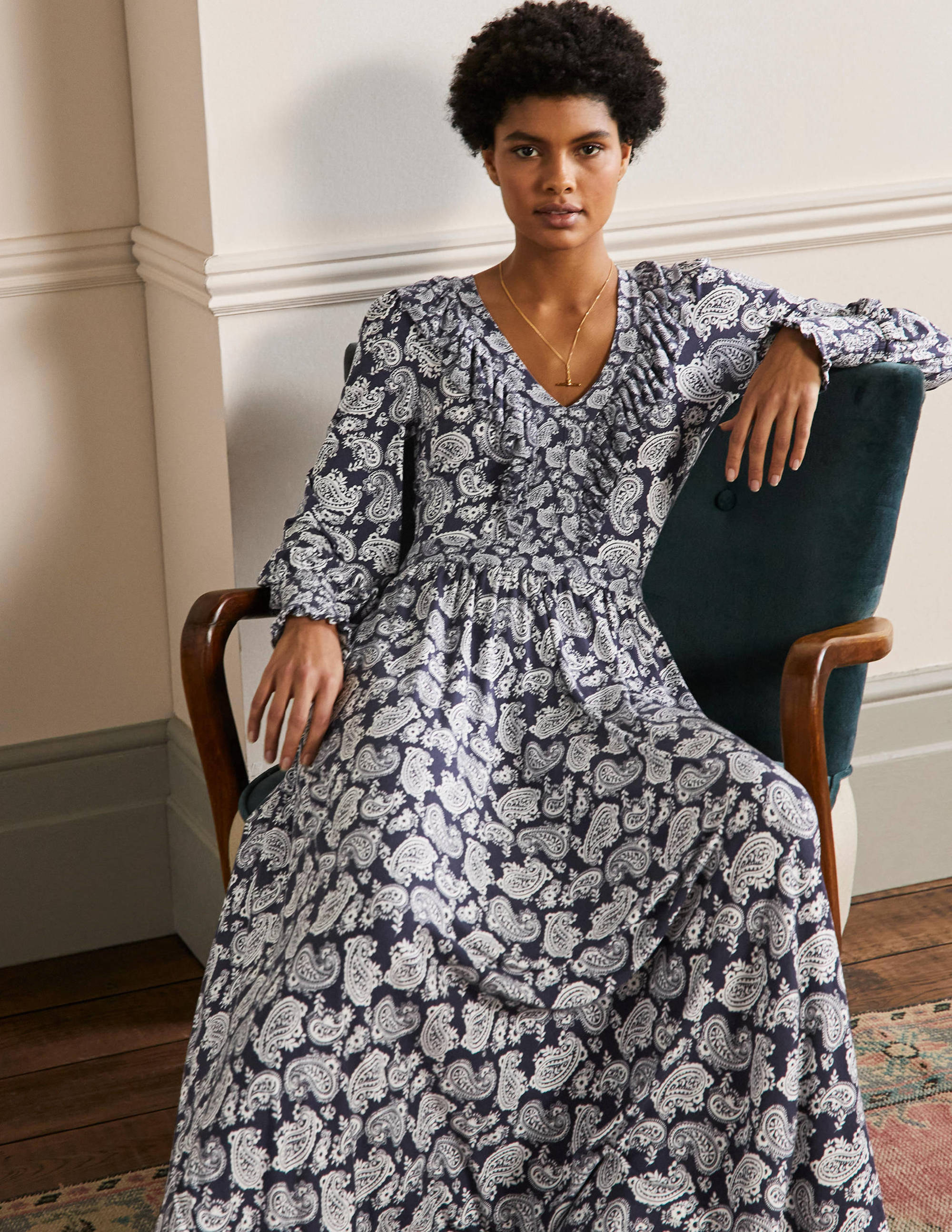 Ruffle Jersey Maxi Dress-French Navy, Paisley Bloom - Image 4
