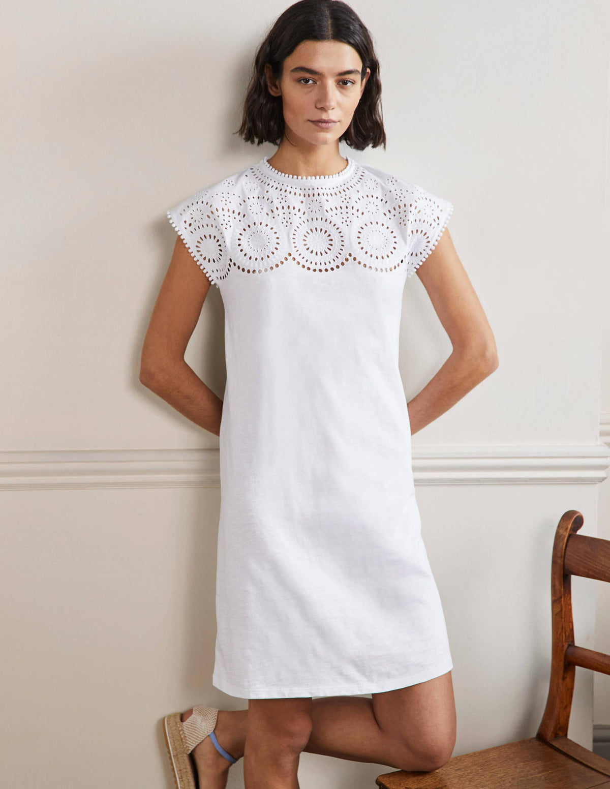 Cutwork Jersey T-shirt Dress-White-1