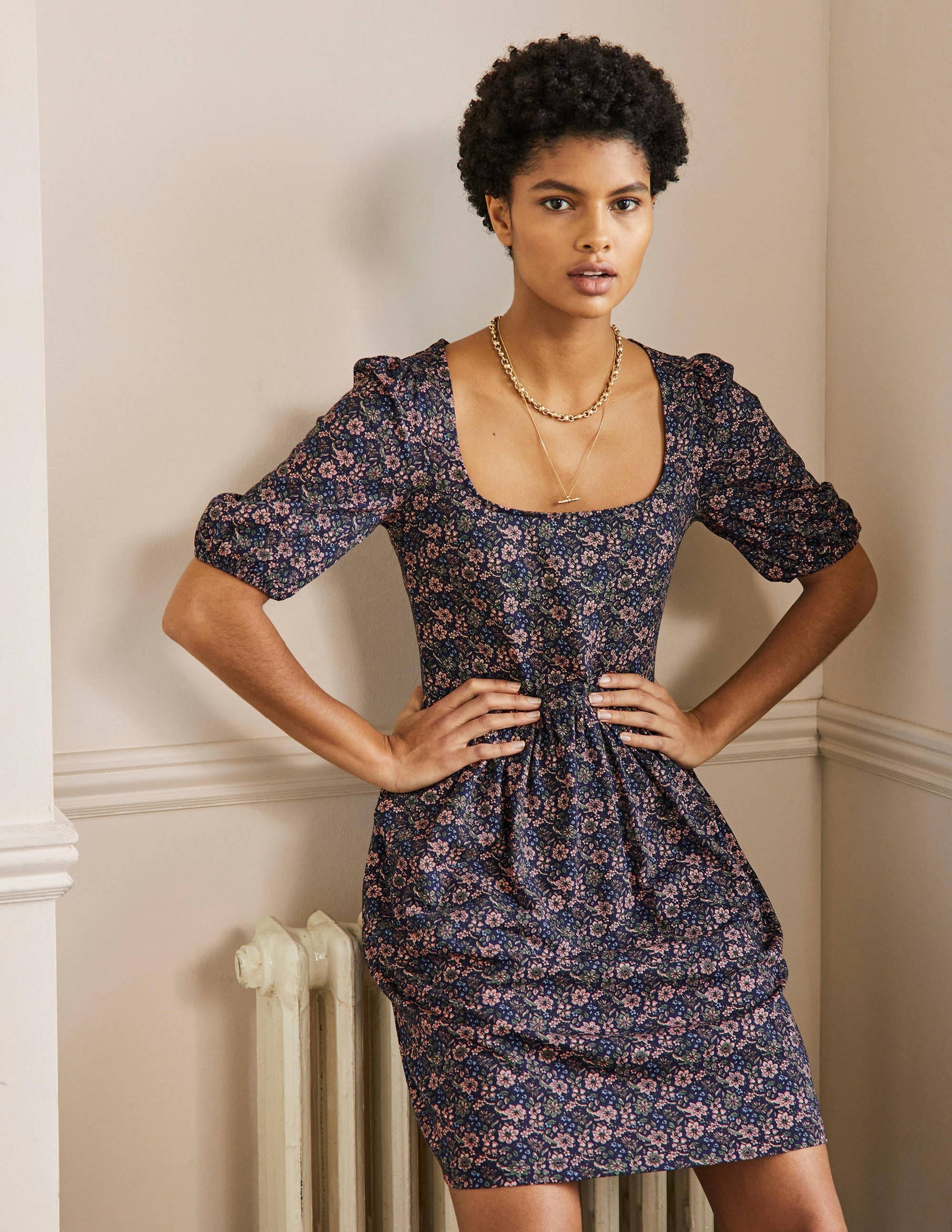 Square Neck Jersey Dress-French Navy, Floret Bloom-1