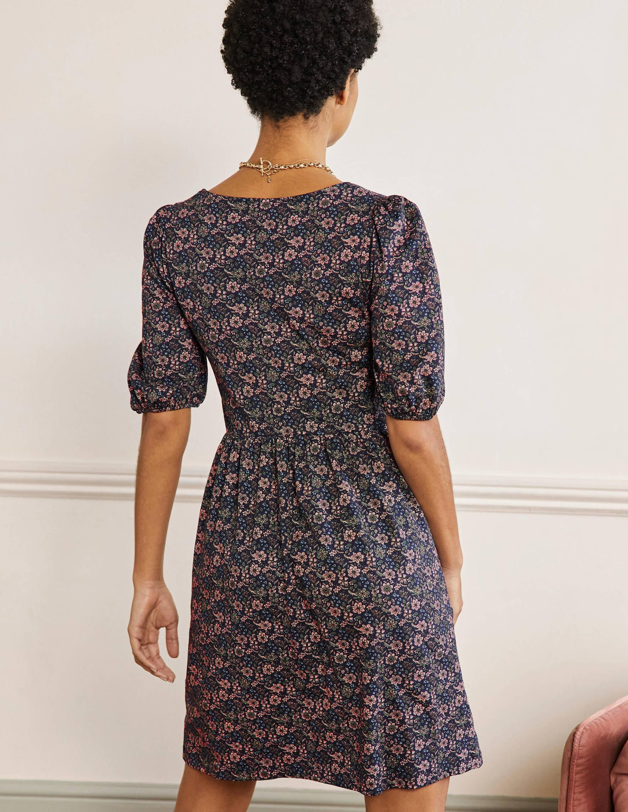 Square Neck Jersey Dress-French Navy, Floret Bloom - Image 3