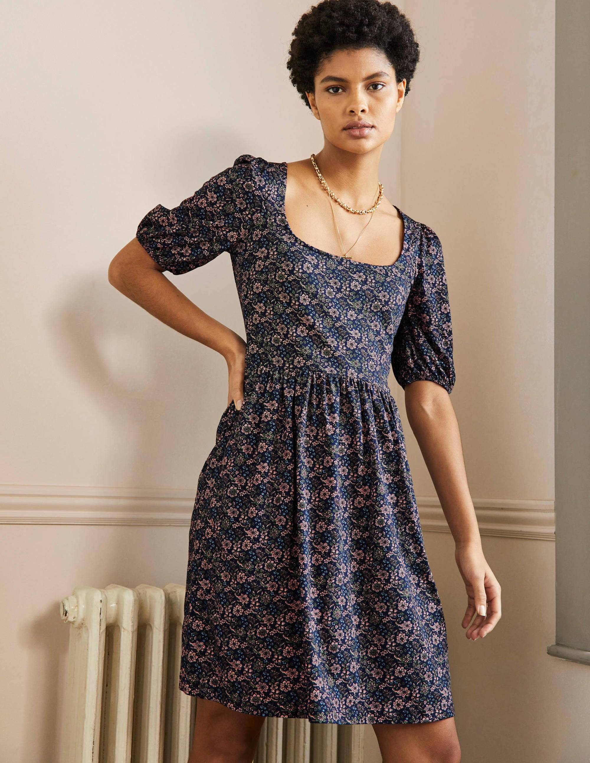 Square Neck Jersey Dress-French Navy, Floret Bloom - Image 4