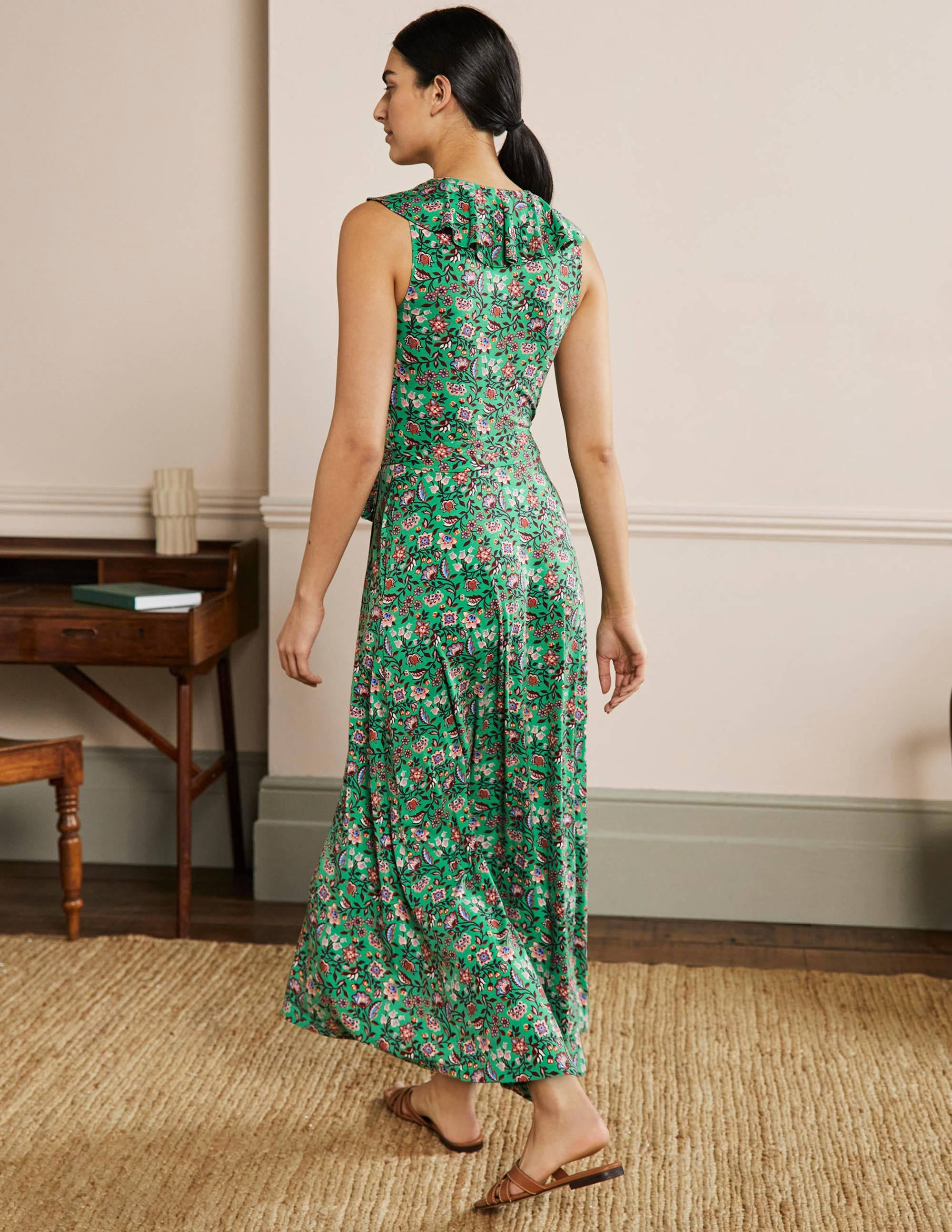 Saskia Wrap Jersey Maxi Dress-Green Lagoon, Oriental Meadow - Image 3