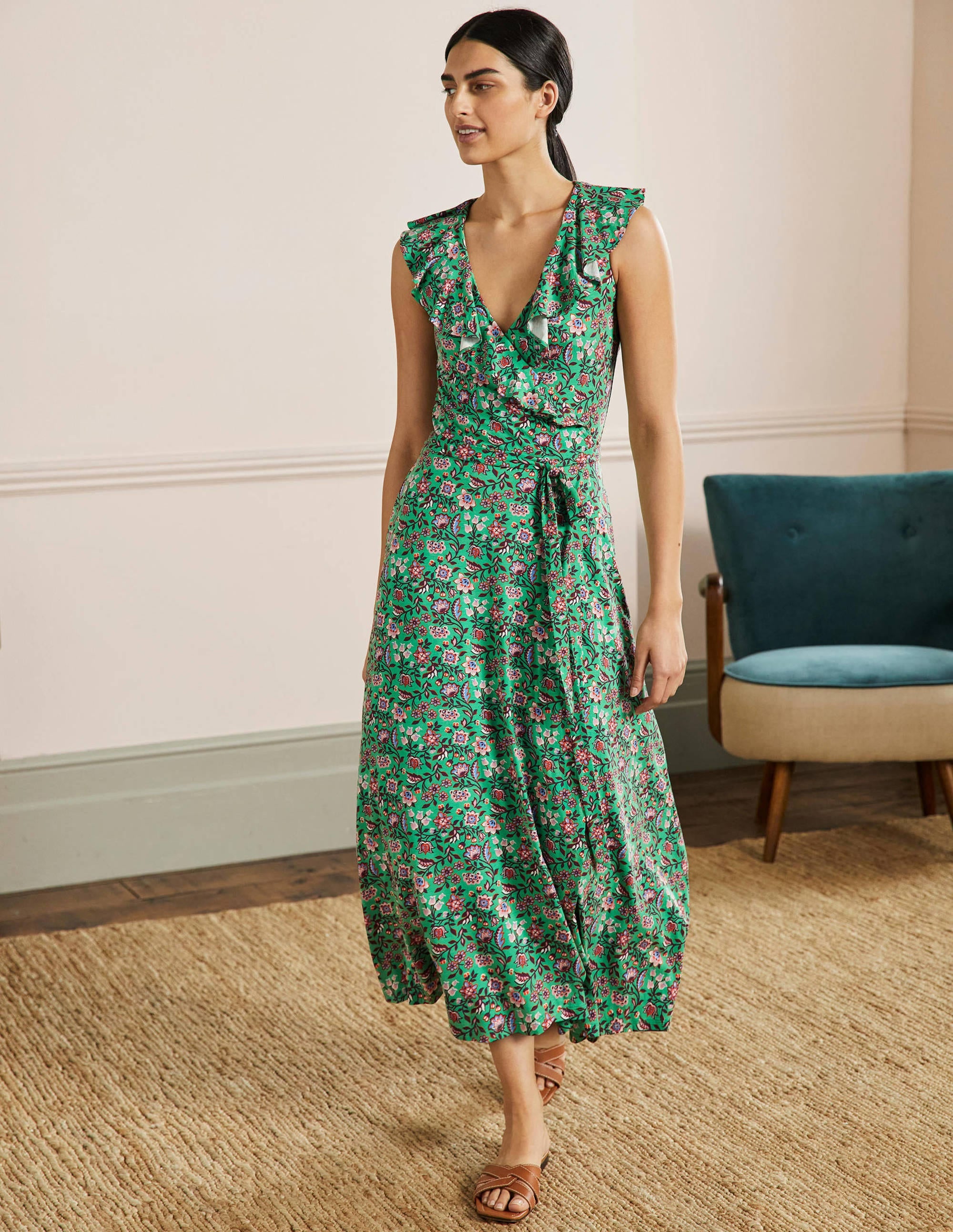 Saskia Wrap Jersey Maxi Dress-Green Lagoon, Oriental Meadow - Image 4