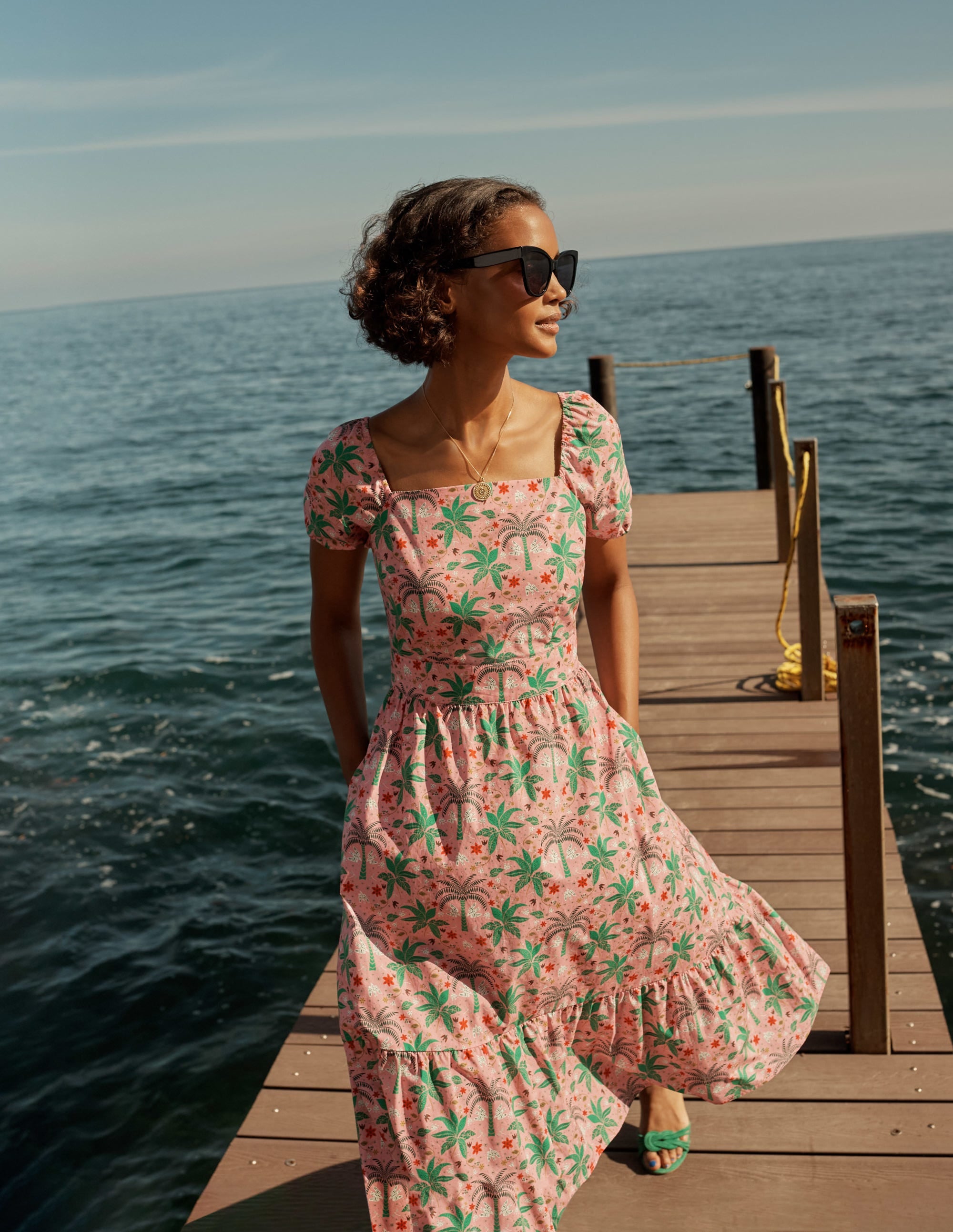 Square Neck Tiered Dress-Posy Pink, Oriental Palm - Image 7
