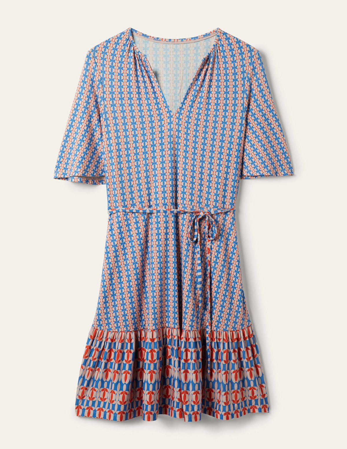 Notch Neck Tiered Jersey Dress-Mosaic Blue, Petal Geo - Image 11