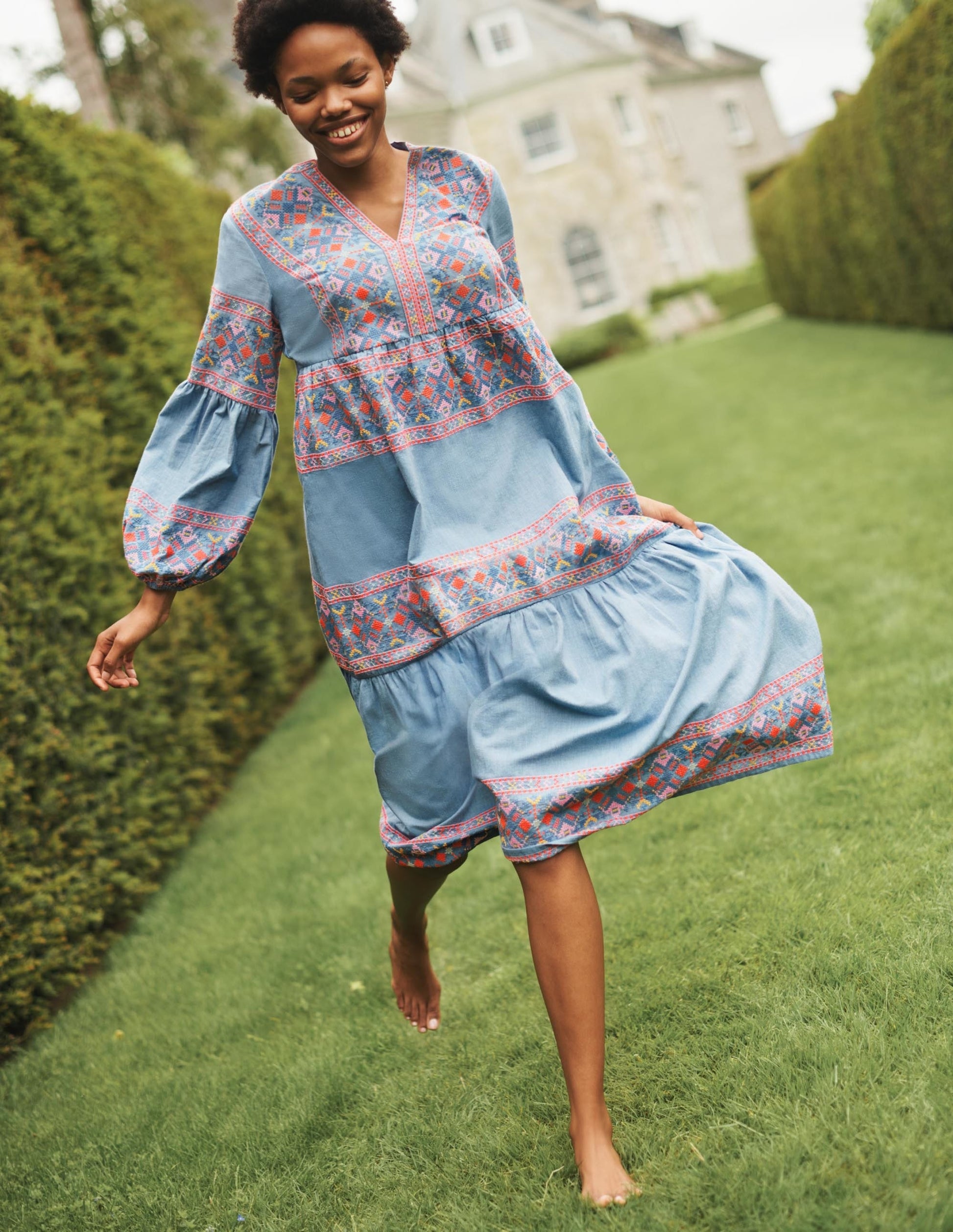 Tiered Embroidered Maxi Dress-Light Chambray-6