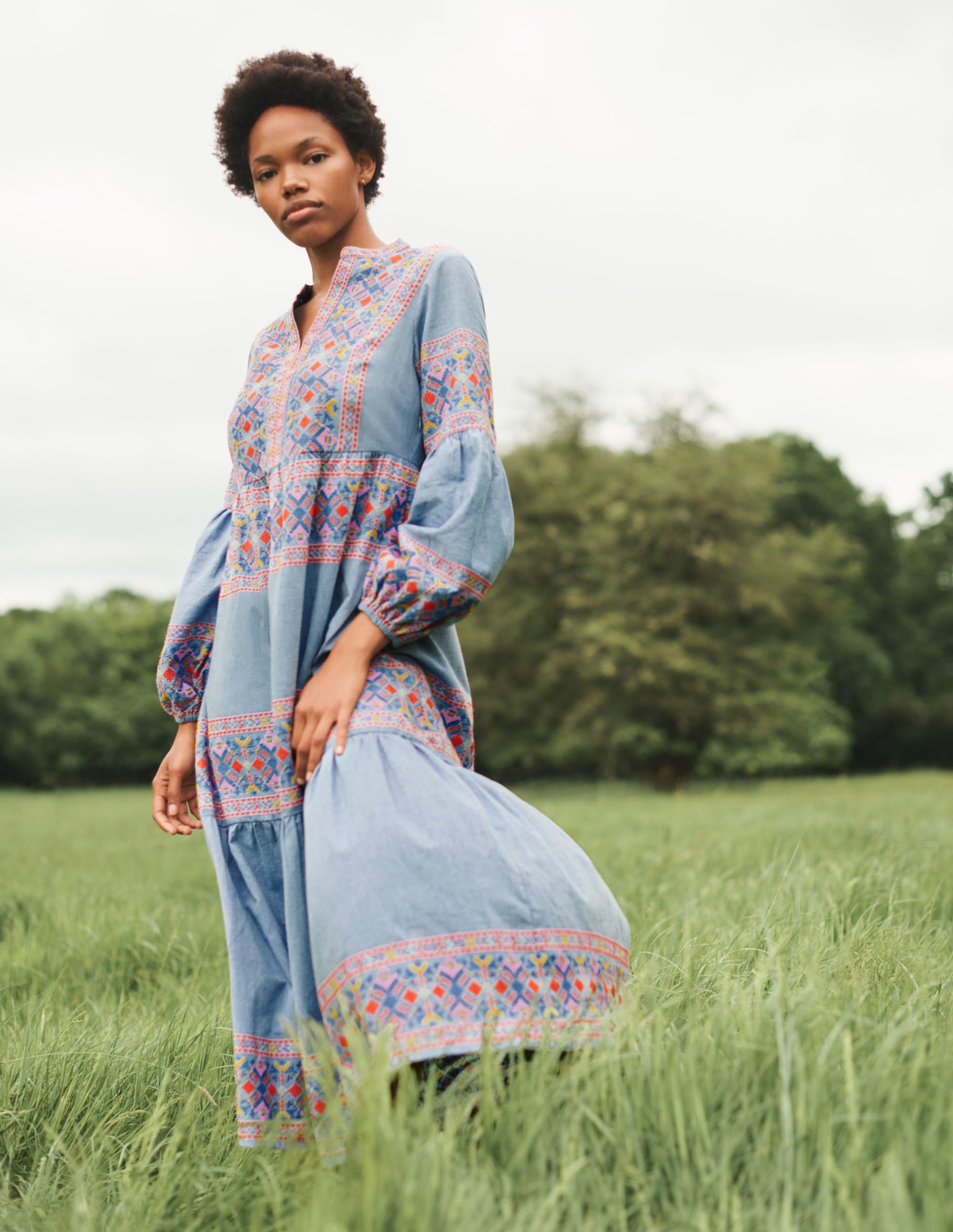 Tiered Embroidered Maxi Dress-Light Chambray - Image 9