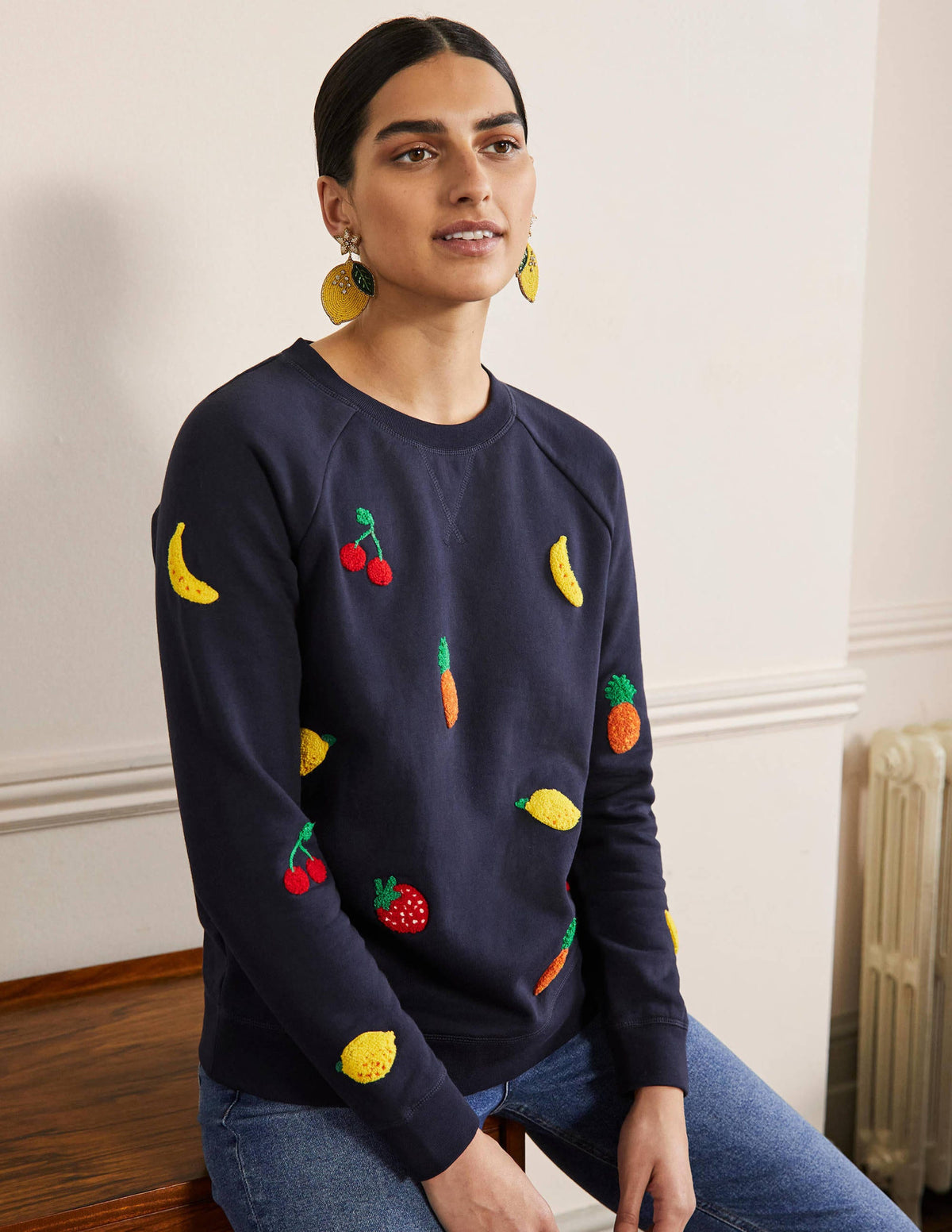 Printed Cotton Sweatshirt-Navy, Boucle Fruit-1