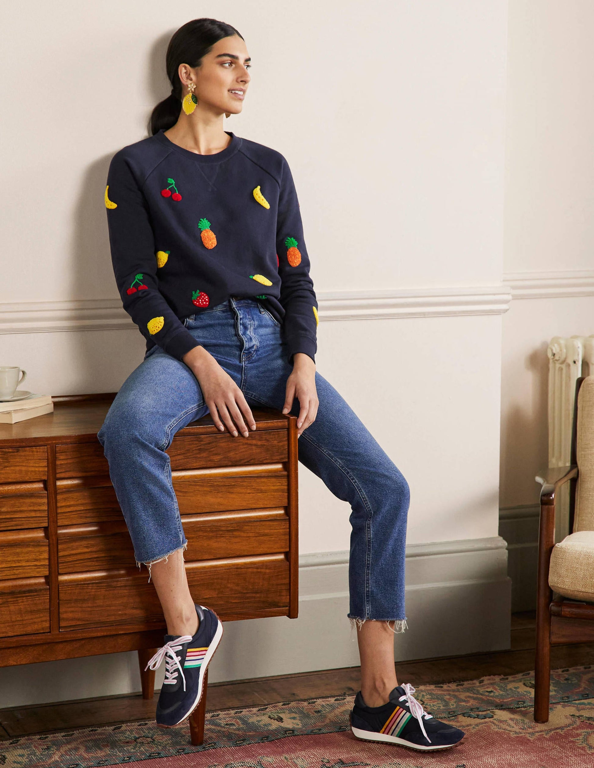 Printed Cotton Sweatshirt-Navy, Boucle Fruit-4