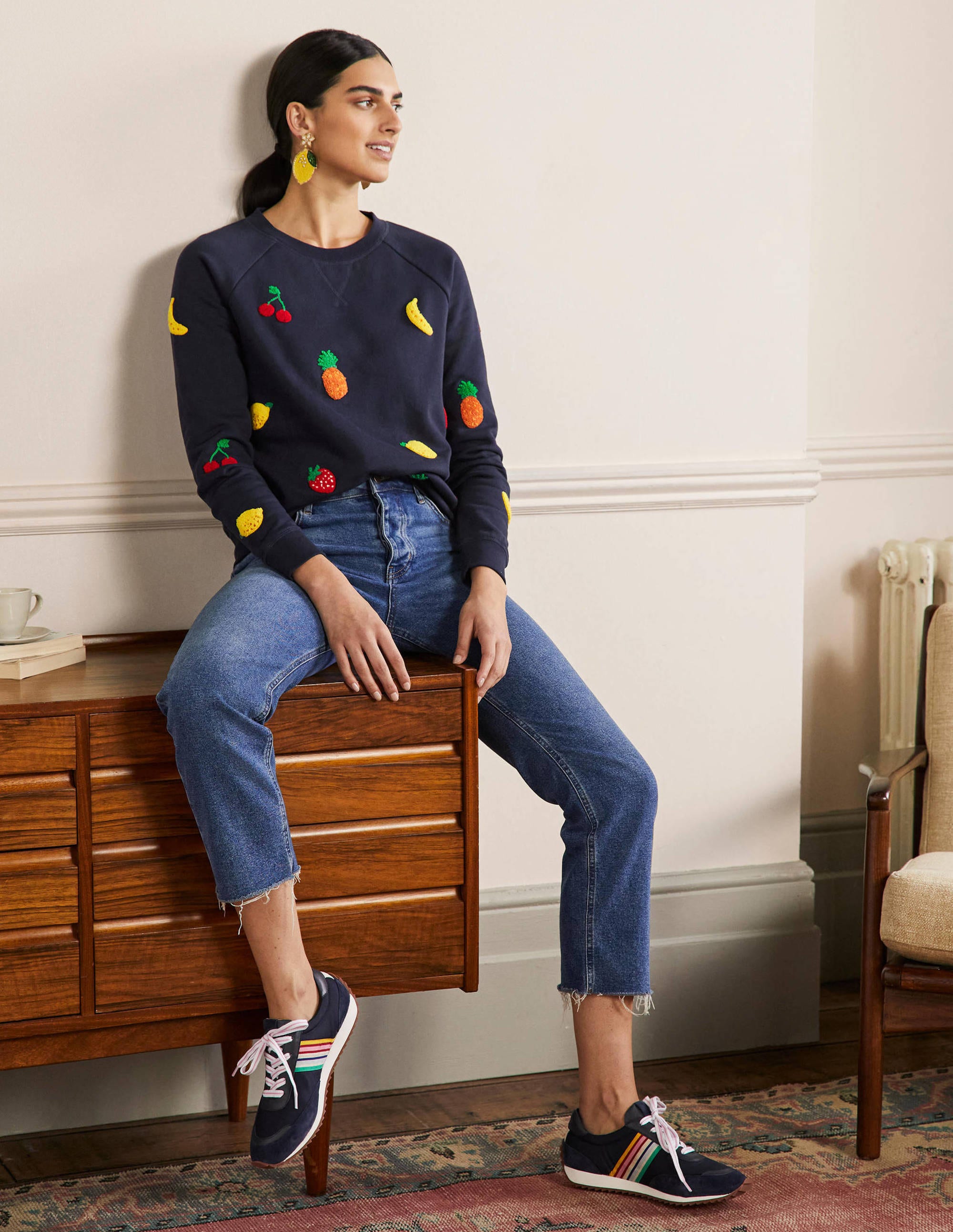 Printed Cotton Sweatshirt-Navy, Boucle Fruit - Image 4