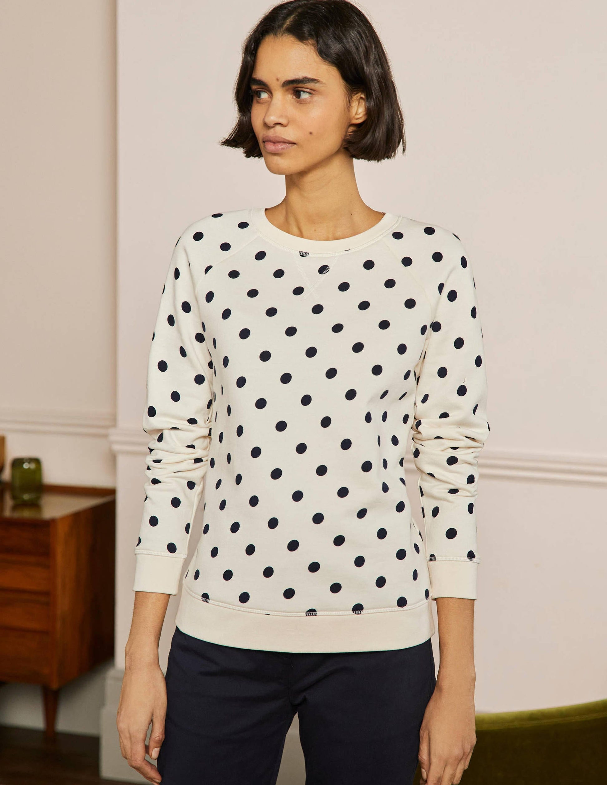 Printed Cotton Sweatshirt-Ivory, Regular Dot-1