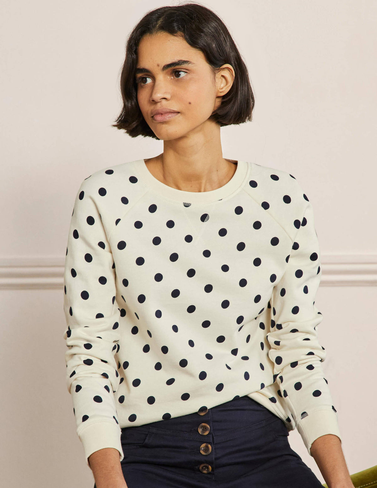 Printed Cotton Sweatshirt-Ivory, Regular Dot - Image 4