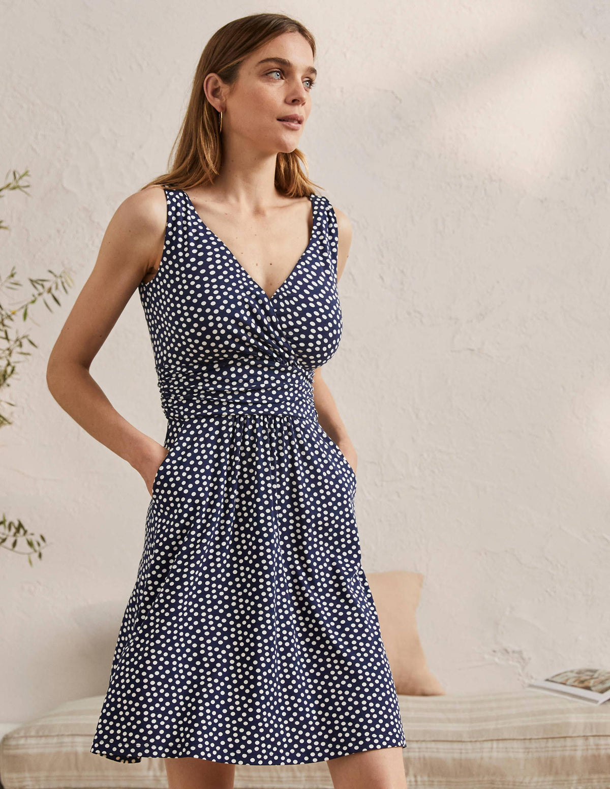 Effie V-Neck Jersey Dress-French Navy Scattered Dot - Image 1