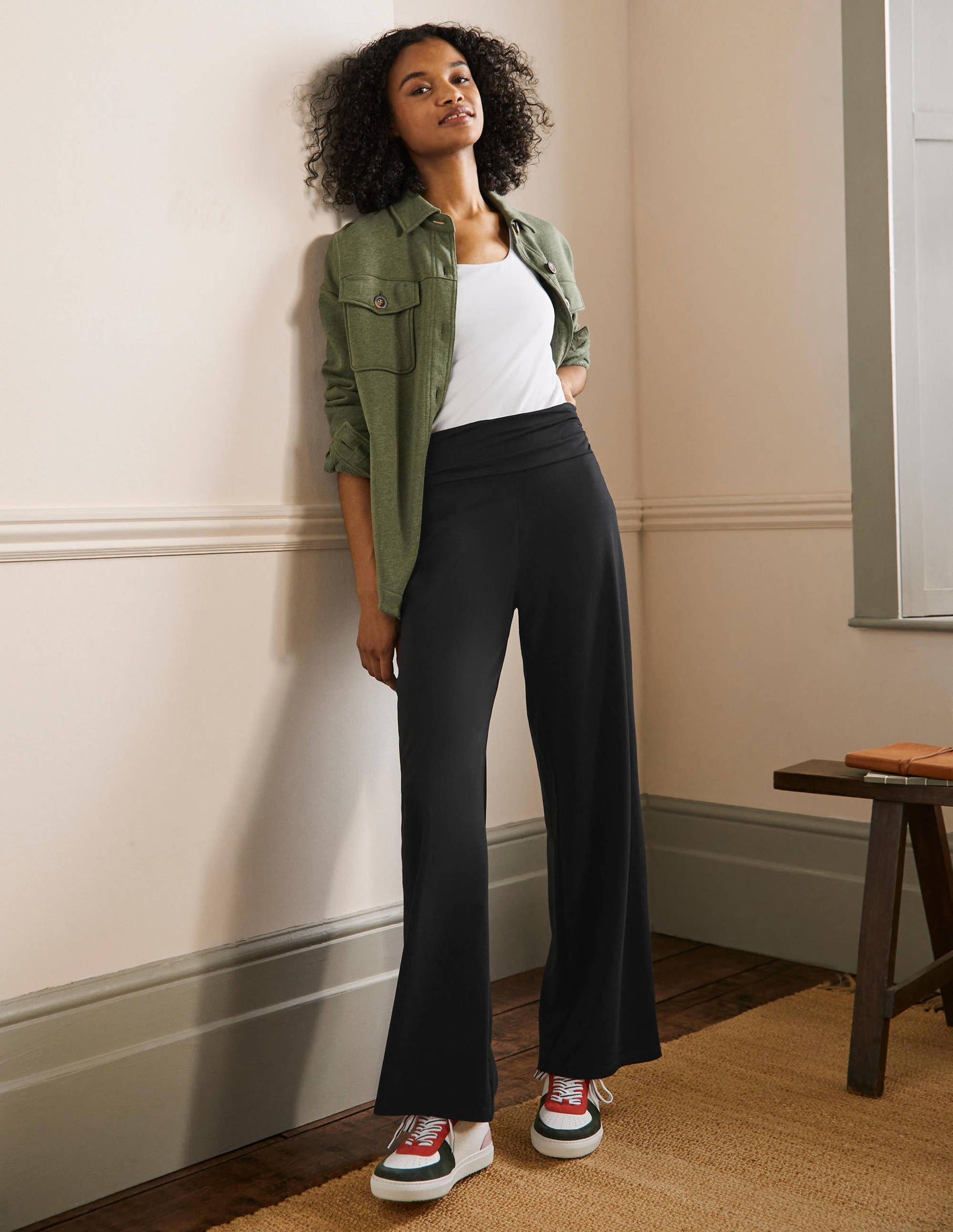 Wide Leg Jersey Trousers-Black-2
