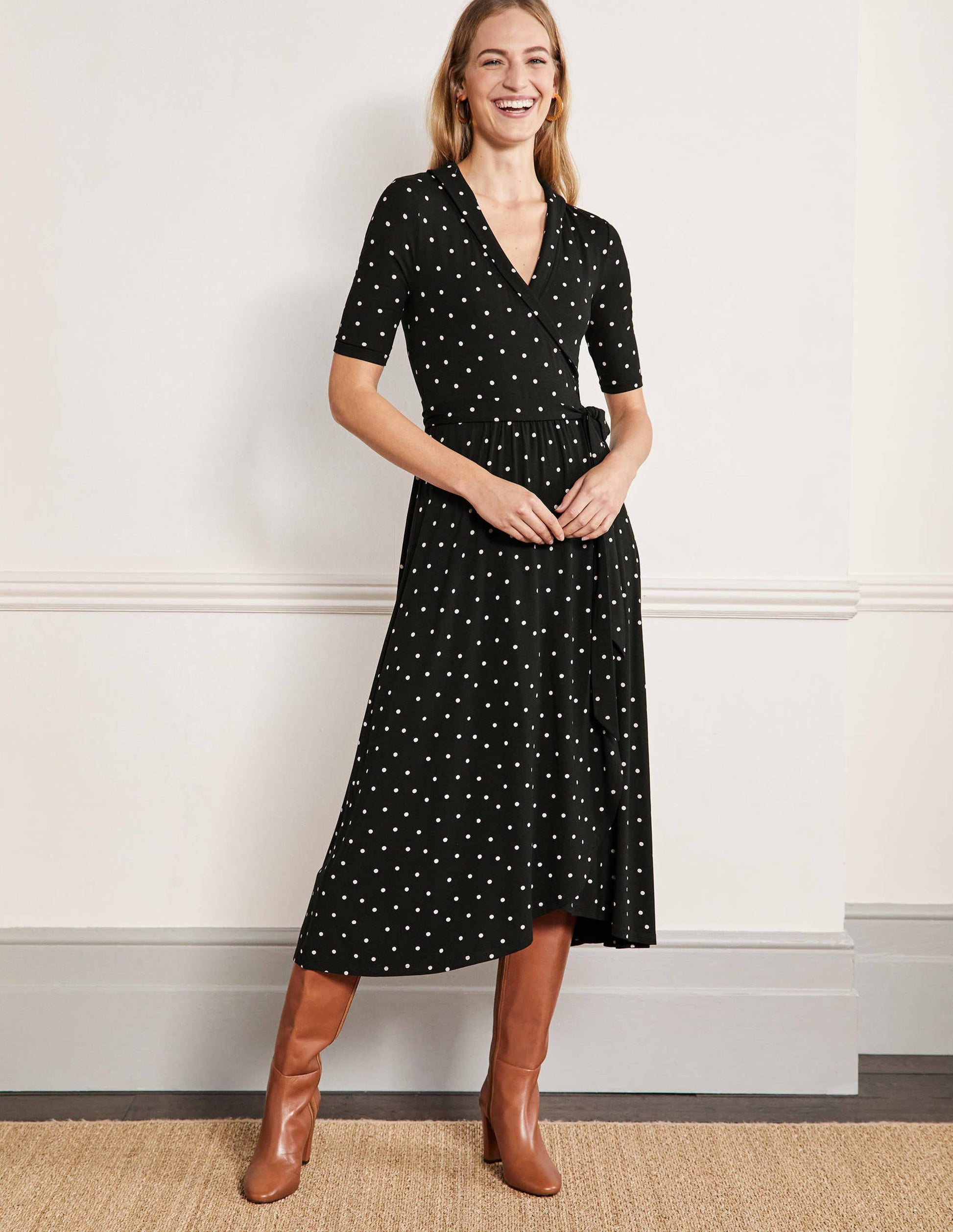 Lavinia Jersey Wrap Dress-Black, Polka Dot-1