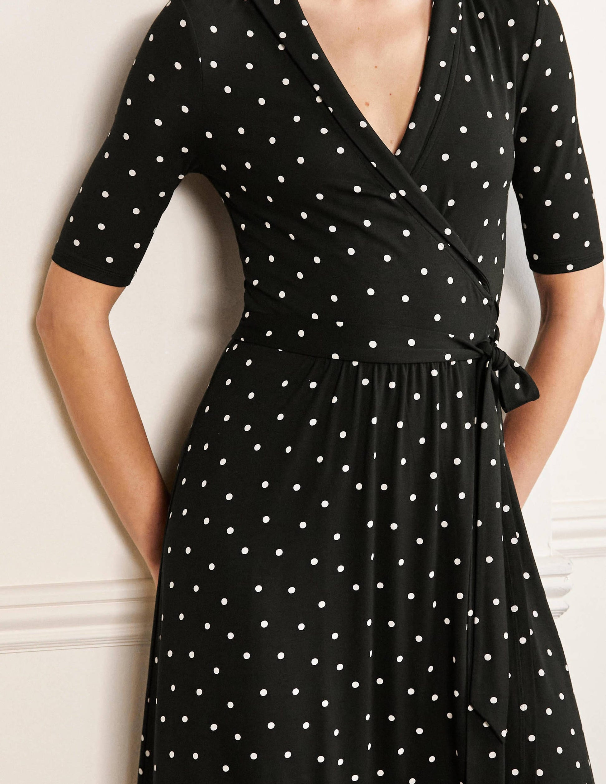 Lavinia Jersey Wrap Dress-Black, Polka Dot-2