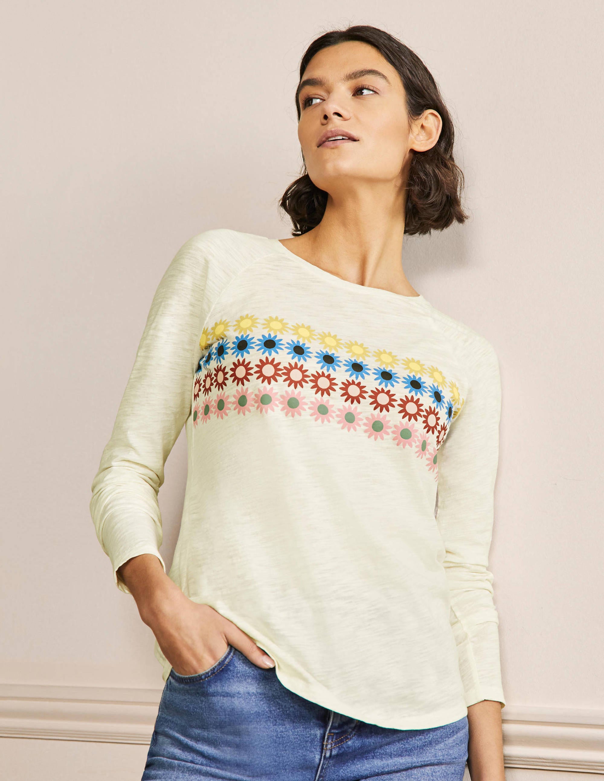 Lorna Baseball Jersey Top-Ivory, Floral Chest Stripe - Image 1