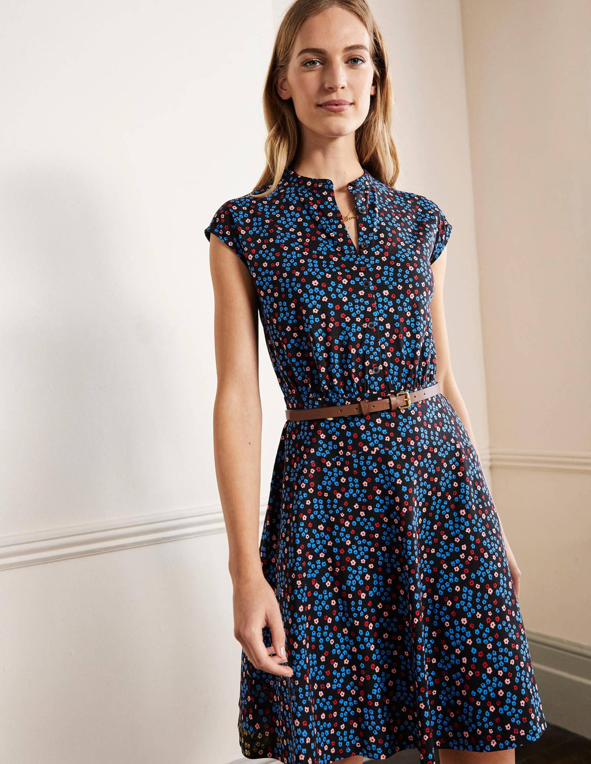 Easy Jersey Shirt Dress-Black, Ditsy Cluster - Image 1