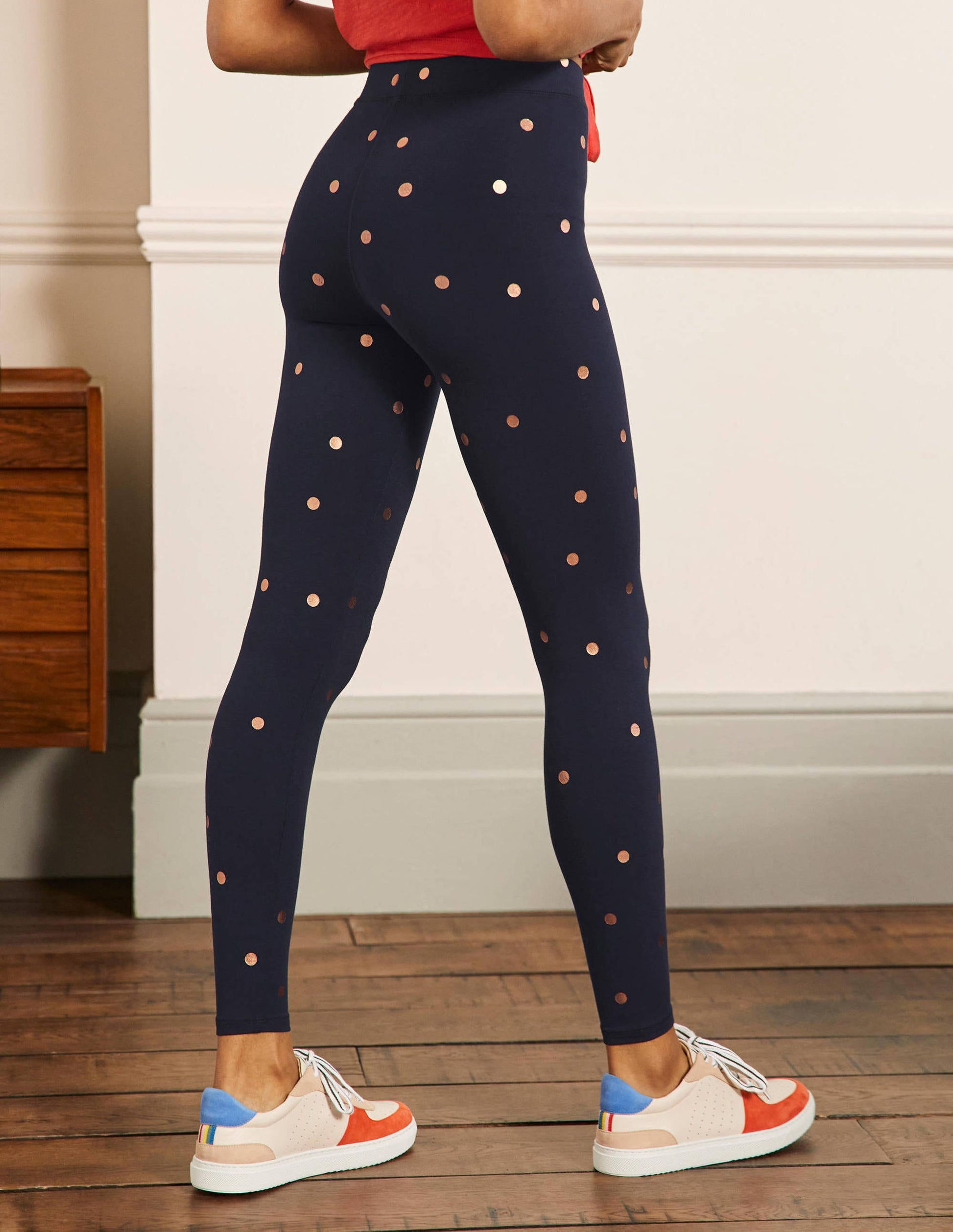 High Rise Navy Polka Dot Jersey Leggings-Navy and Gold, Polka Dot-3