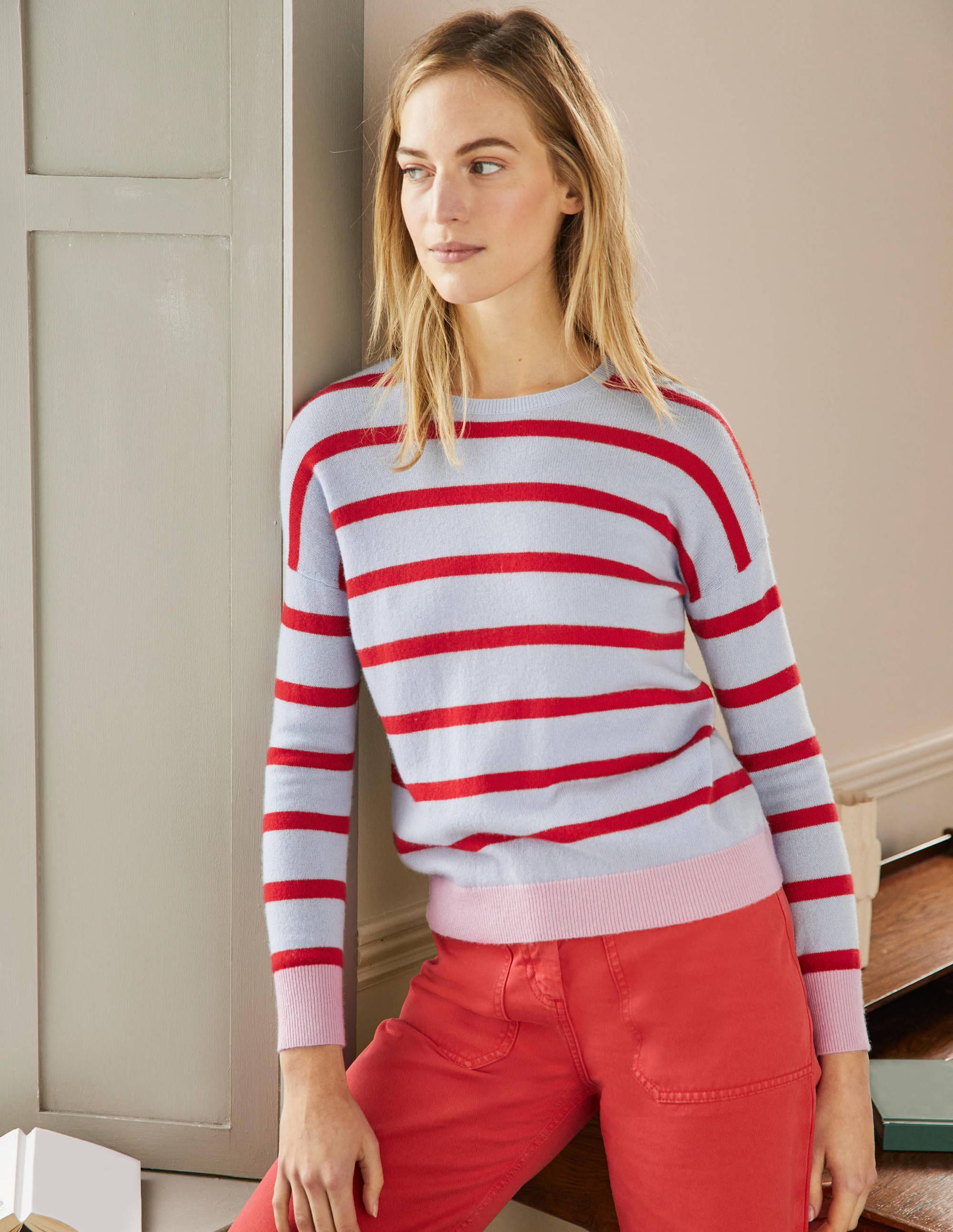 Striped Cashmere Jumper-Lapis Light Blue Stripe - Image 1