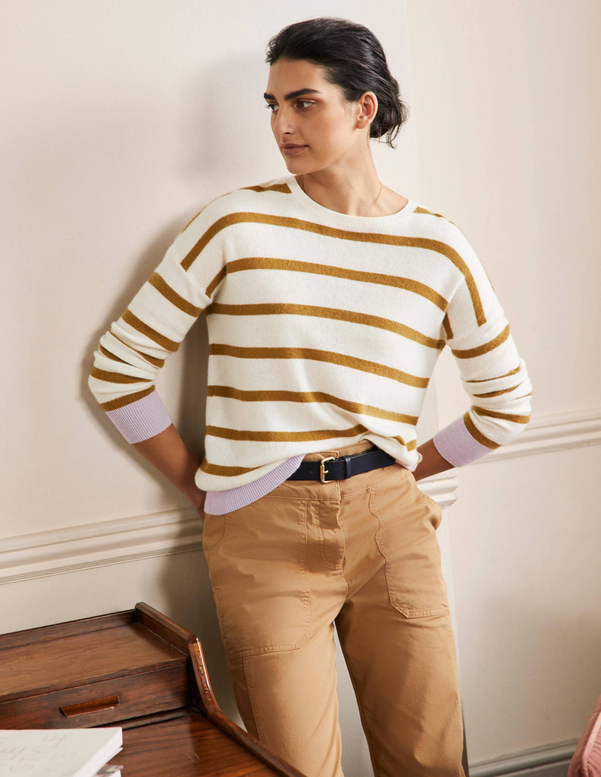 Striped Cashmere Jumper-Ivory Melange Stripe - Image 1