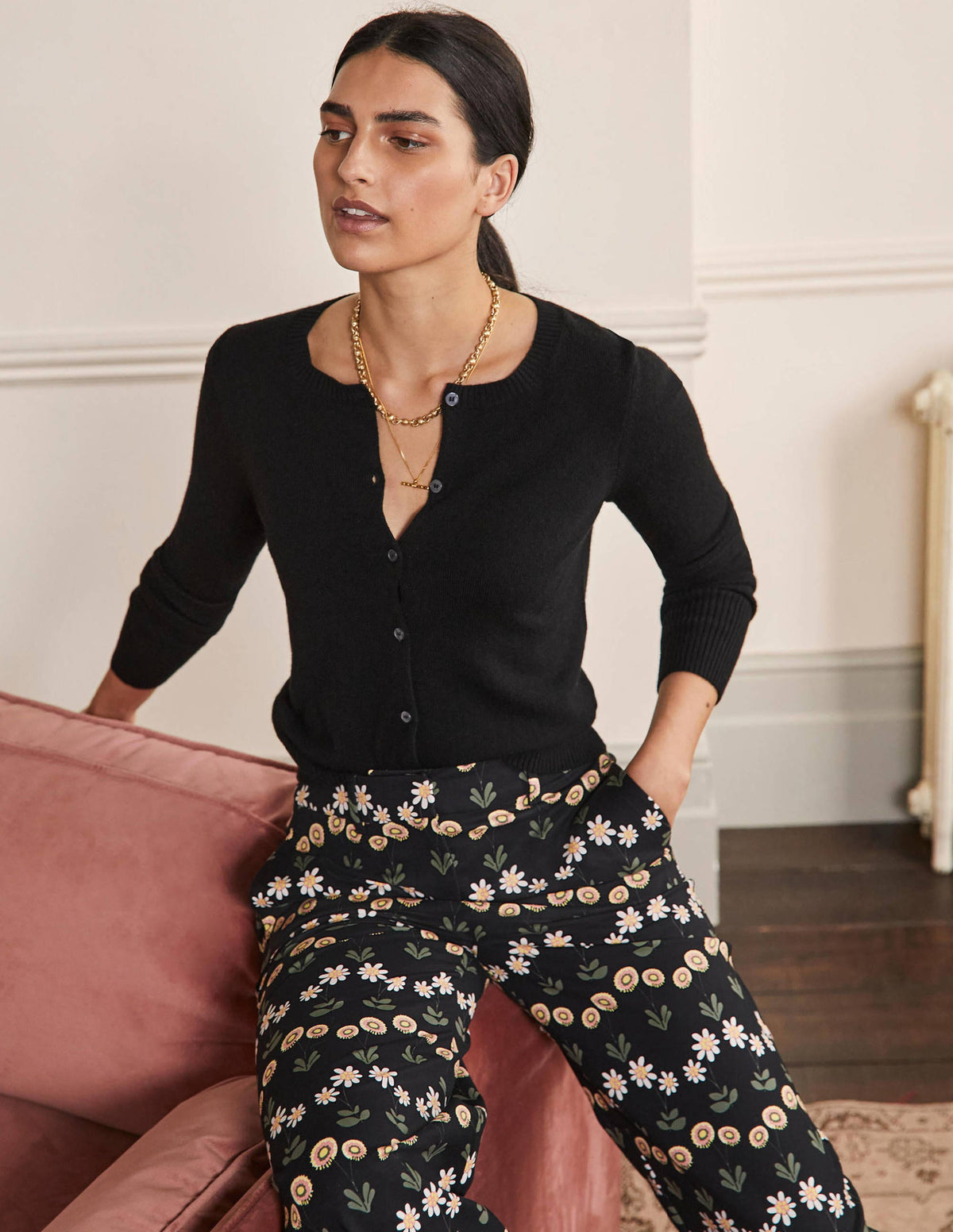 Cashmere Cropped Cardigan-Black-1