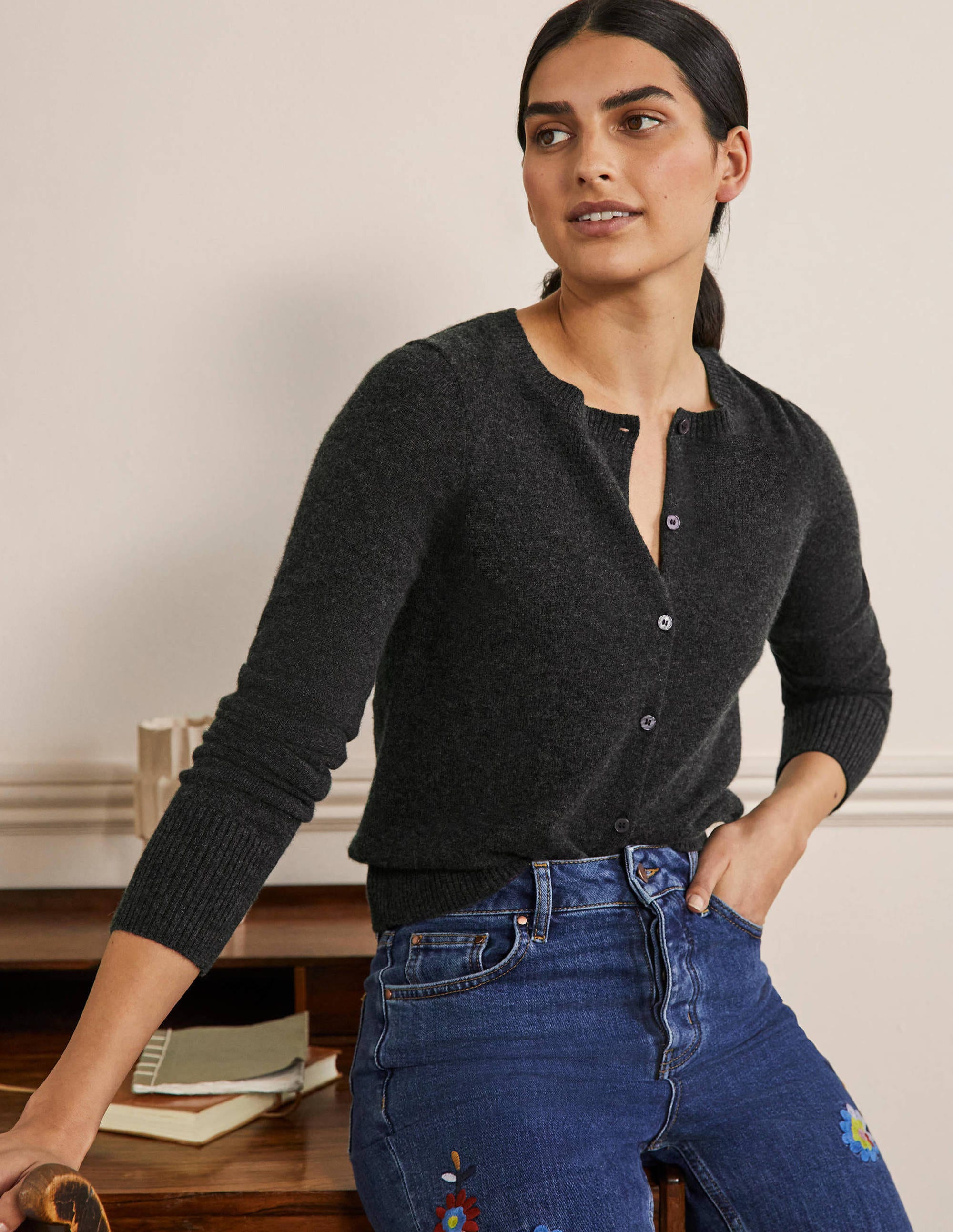 Cashmere Cropped Cardigan-Charcoal Melange - Image 1